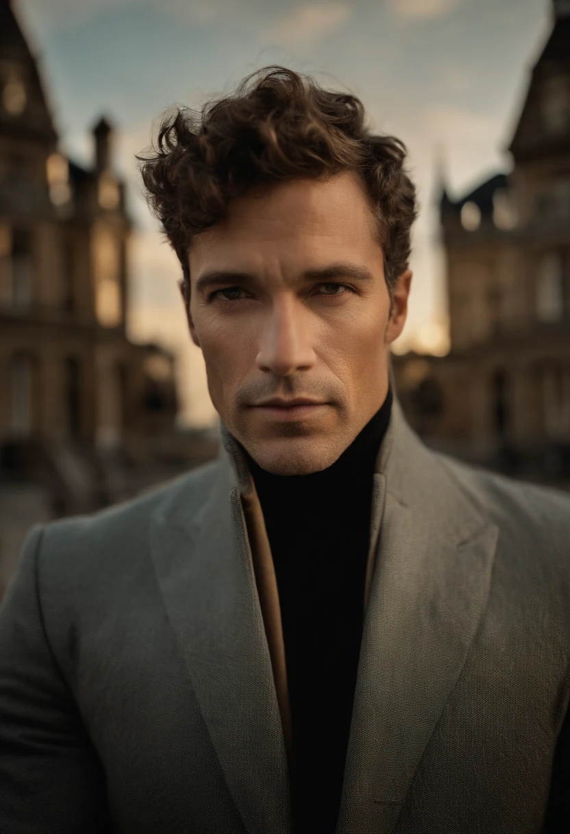 corps entier, wide-angle photo close-up portrait of the body of a handsome man, Grand et en forme, (40 ans:1.1), (shaven:1.2), (short brown hair and a little curly:1.5),(very short hair:1.6). Tight suit in dark blue velvet:1.3). (posing outside the mansion), Cold and dark sunset at dusk, (Edge Light:1.1),(Concentrez-vous sur les yeux), (Regard fier), (hard light on the skin:1.2), (ombres dures, dark themed, Contraste profond:1.1), (photographie de portrait par Annie Liebovitz), Dark mint theme and choral aesthetics, (skin imperfections)