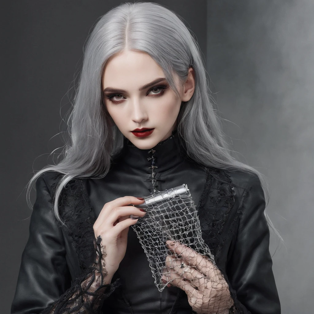 Girl with gothic net symbolic clothes, 。.com (Barbed wire of the body) brunette color hair,Gray hair ends , holding a leather long wallet
