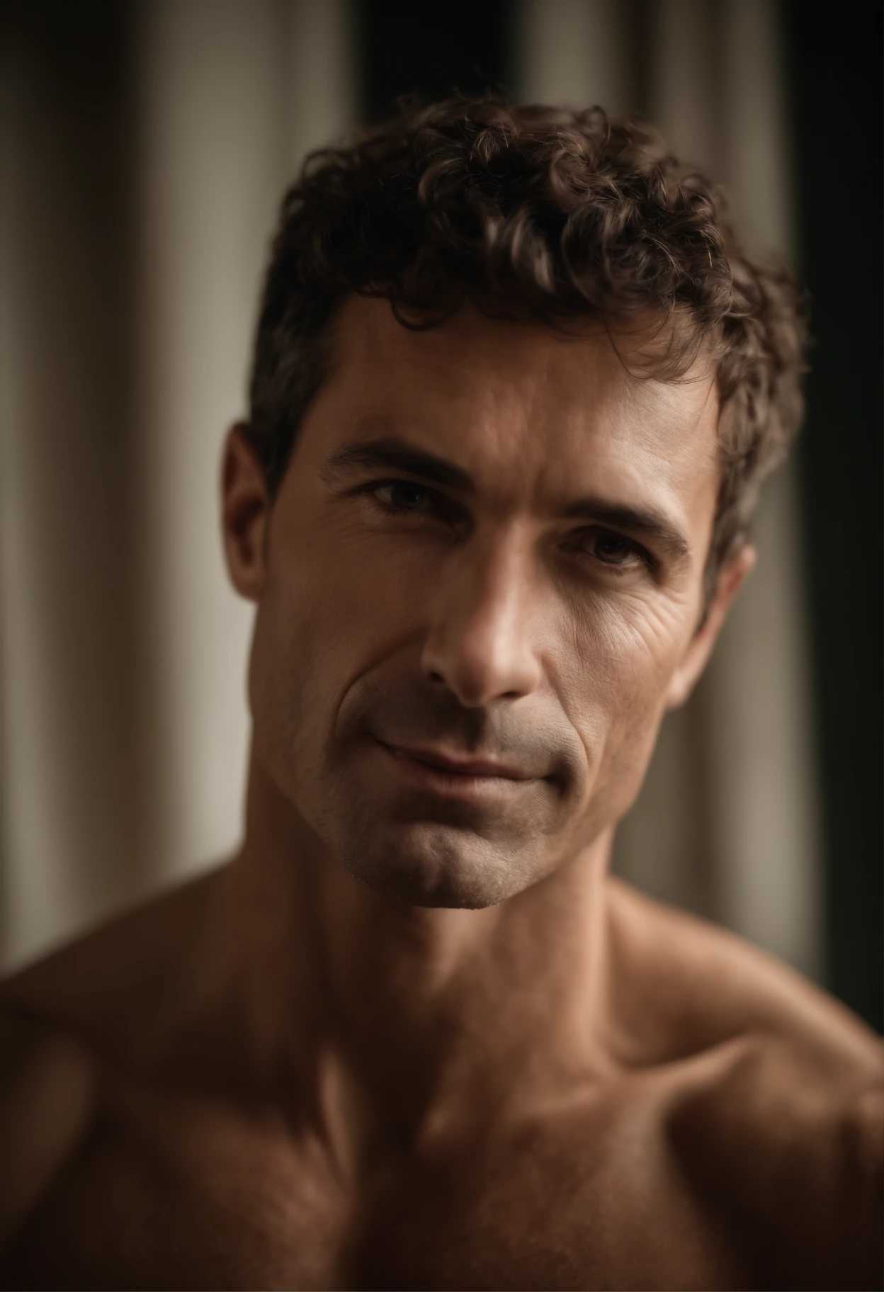 corps entier, wide-angle photo close-up portrait of the body of a handsome man, Tall and fit, (40 years old:1.1), (shaven:1.2), (short brown hair and a little curly:1.5),(very short hair:1.6)