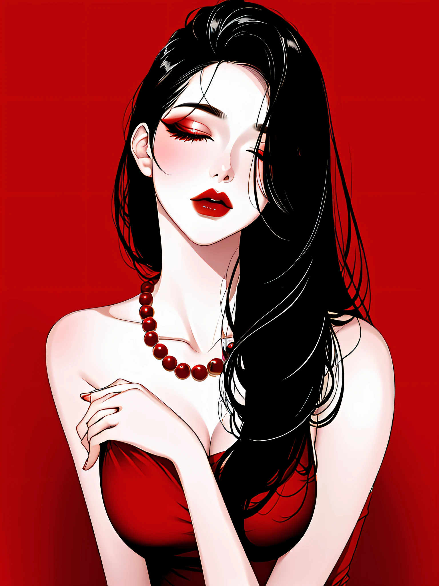 1girl in, Solo, Jewelry, Black hair, Necklace, Red lips, Long hair, Closed eyes, lip stick, makeup, Upper body, Closed mouth, Red dress, Hair over one eye, 鎖骨, Dress,Red Theme,bad-girl, Large breasts,Shiny skin,(maturefemale),