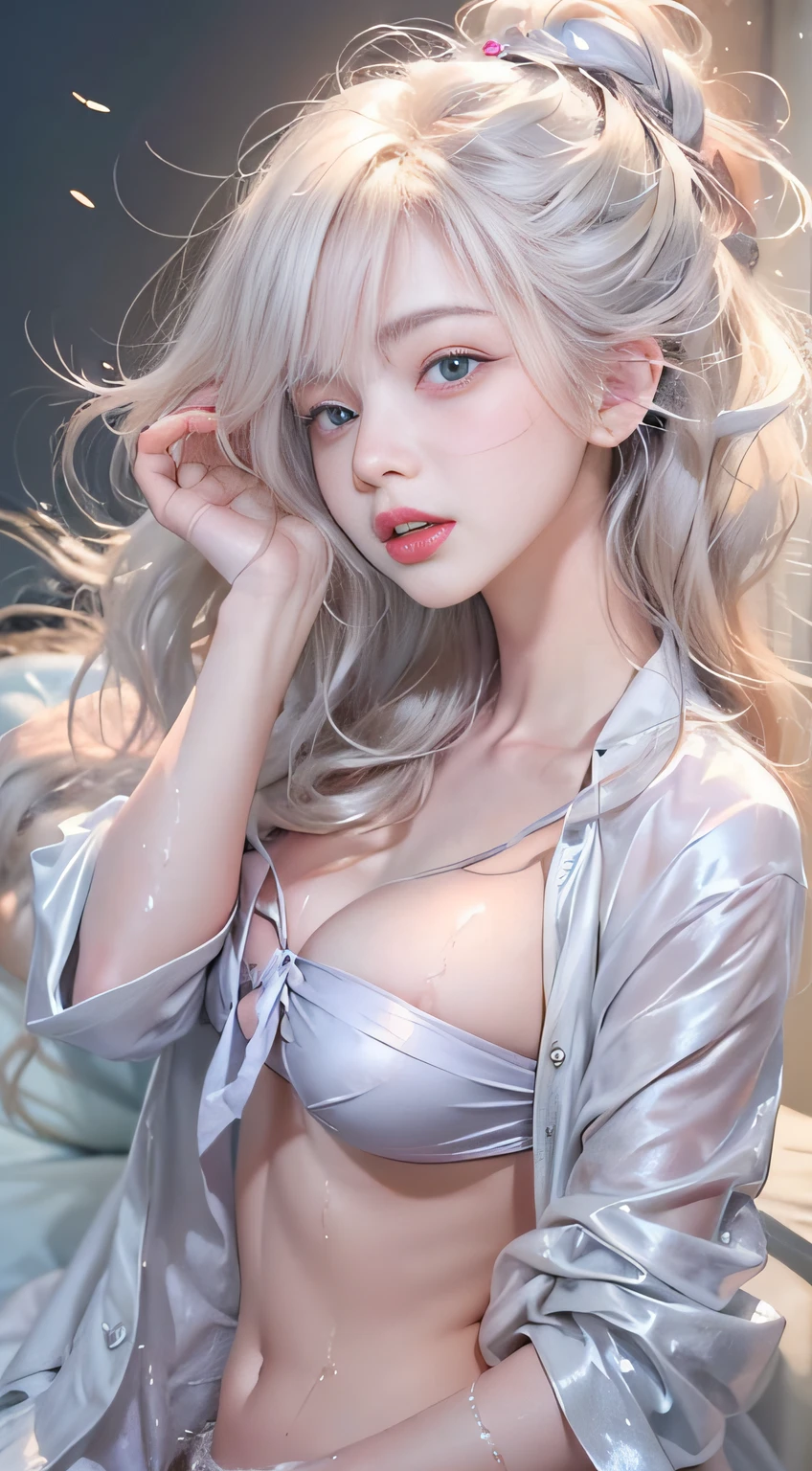 （Girl lying on bed）、portlate、bright expression、Young shiny shiny white shiny skin、Best Looks、ultimate beauty girl、The most beautiful platinum blonde hair in the world、shiny light hair,、Super long silky straight hair、Beautiful bangs that shine、Glowing crystal clear attractive blue eyes、Bust of medium size、（（hide the nipple with both hands,））Z、Beautiful blue eyes that shine、white  hair、silber hair、((Beautiful breasts :1.1)), (Exposed breasts）0p、mix４, (Best Illustration: 1.1), (Best Shadow: 1.1), tongue、Vaginal orchids、Runny Vaginal Discharge、Blowing tide、Very beautiful breasts、Grasp your breasts with both hands、 Spread your legs、sexual excitement、Sex Expressions、shinny skin。realisitic、Photorealsitic:1.37)、(Kpop Idol)、lying on one's side、dishevled hair、Medium Hair、(Pink blush)、(illuminating)、[[Open legs、Spread your legs apart]]、(独奏)、dynamicposes、((erectile nipple))、(Puffy eyes:1.２)、 (Slim legs)、erotick、nffsw、Highly detailed ambient occlusion、超A high resolution, A hyper-realistic, Highly detailed, (yawning), (((exhibitionism))), ((she is soaking wet)).Photo、（Full body angle）