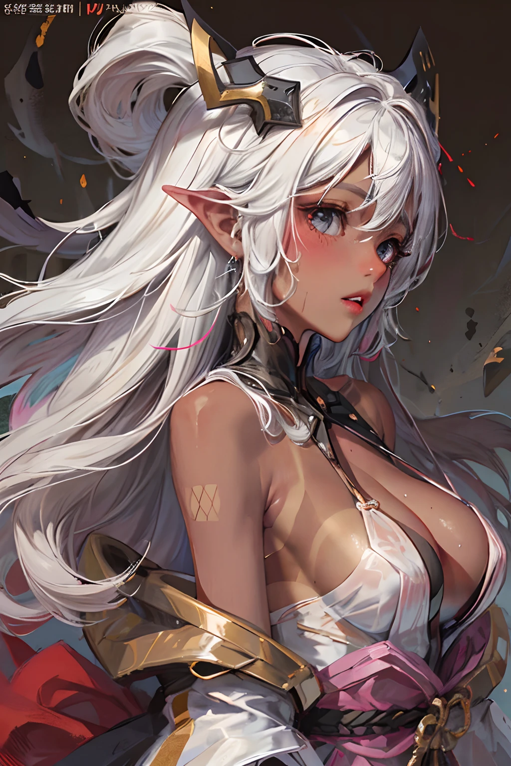 Barefoot woman(30-years old) , (strongly tanned skin:1.7)、 (White hair)、(Large samurai style black and gold kimono:1.0)、(Metal Dark Helmet)、(two swords)、Bare shoulders, Double eyelids, Parted lips,Solo,(cleavage)、delicate and sexy(鎖骨:1.3), (Shiny skin:0.8),(masutepiece:1.4),(Best Quality:1.4),glossy red lips, Perfect Abs, Wet(full of sweat)、low angles, (from below angle), High detailed skin, Skin pores,