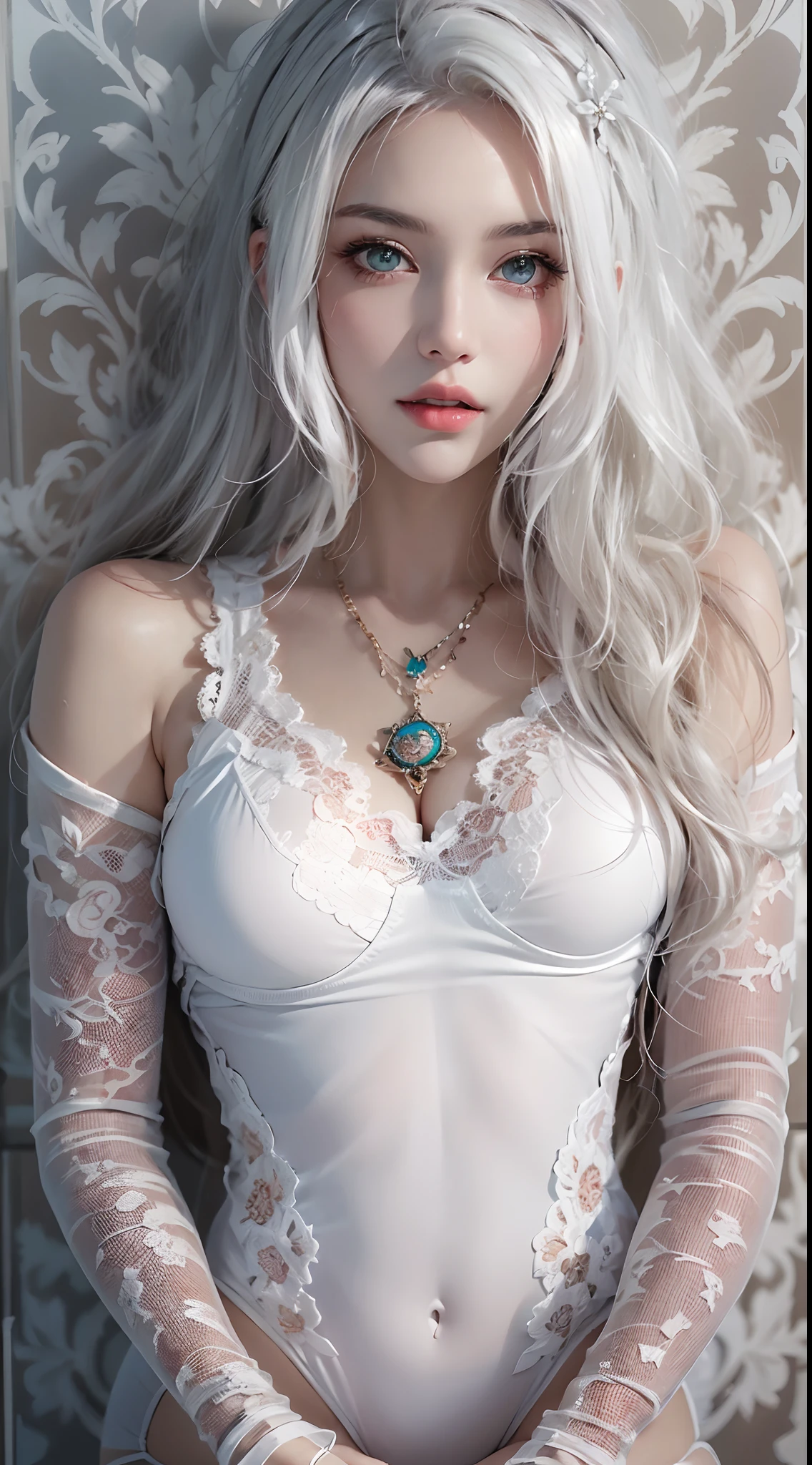 Photorealistic, high resolution, 1 woman, Hips up, Beautiful eyes, Long hair, ringed eyes, jewelry, tattoo, white hair, lace leotard
