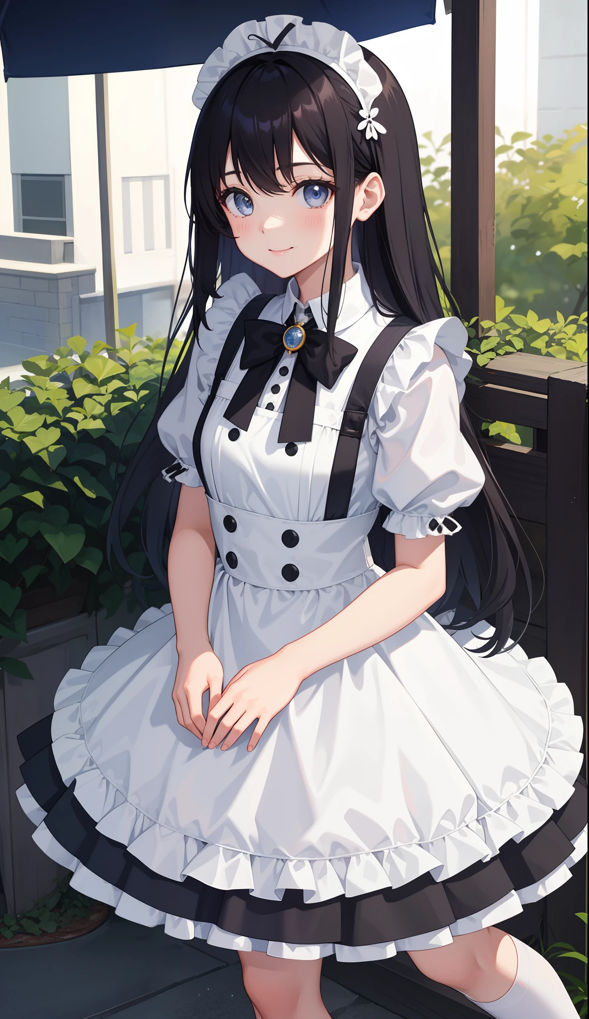 1girl in、AS-Adult、A smile、The shirt、skirt by the、（small tits）、doress、pinafore、hair adornments、（Maids）、Upper body portrait、