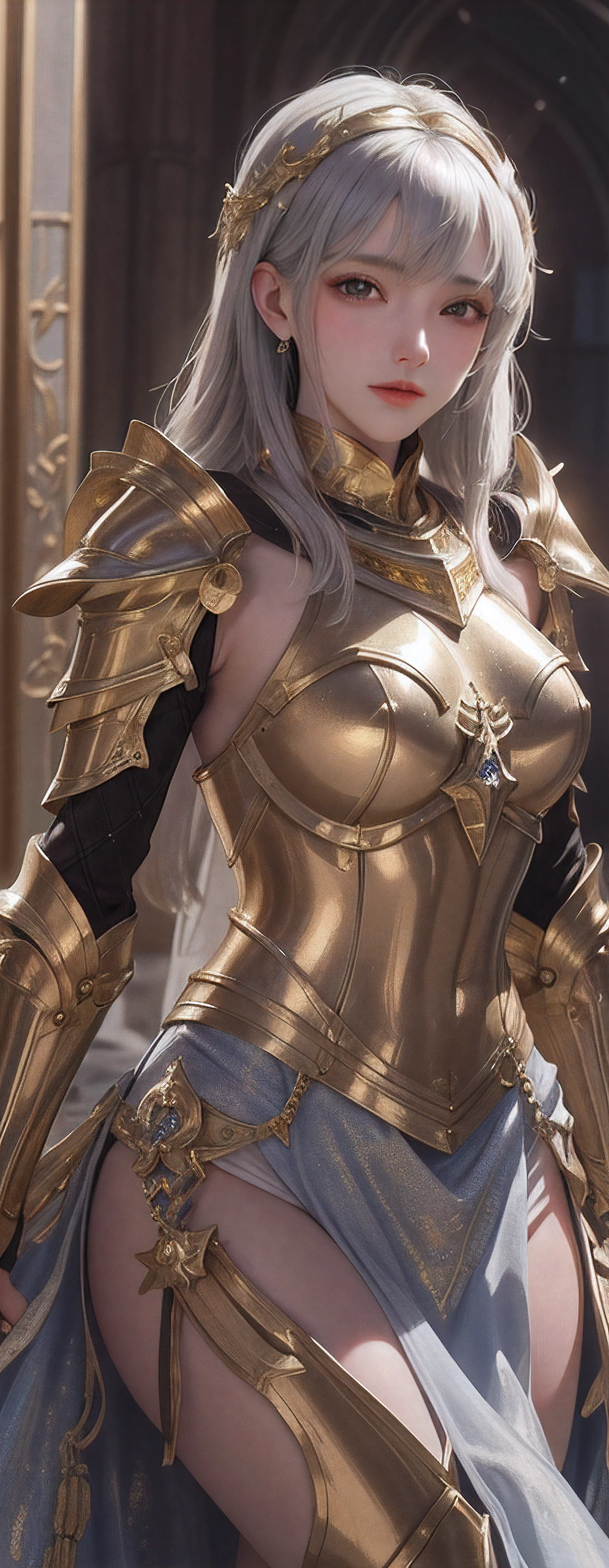 Masterpiece, absurderes, finedetail, hdr,highly detailed armor with gold plating, shinning armor, Photorealistic,PLD_Armor, A female knight in armor, wearing PLD_Armor, Blue scarf