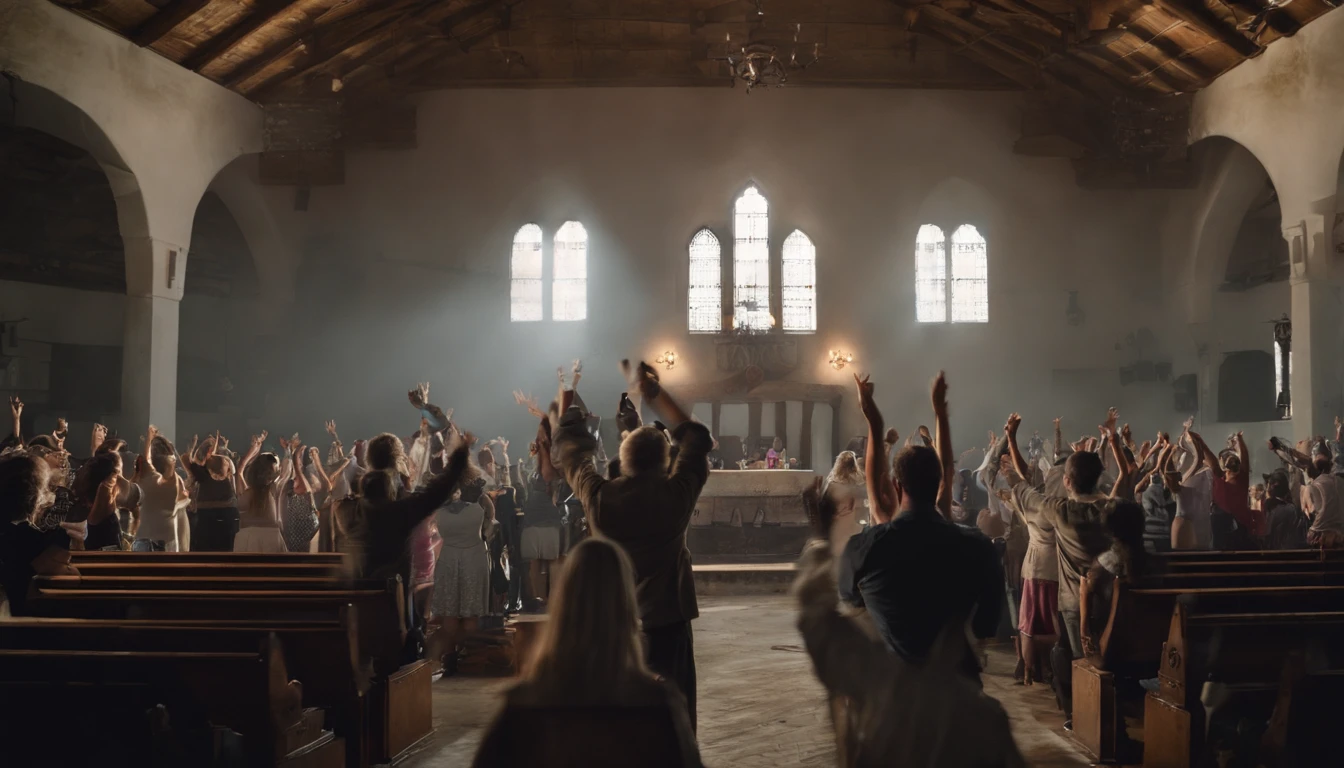 Cinematic film still people raising their hands in worship during a service. . profundidade de campo rasa, vinheta, altamente detalhado, high-budget Hollywood film, Bokeh, Cinemascope, Moody, epics, gorgeous, filmic grain, granulado