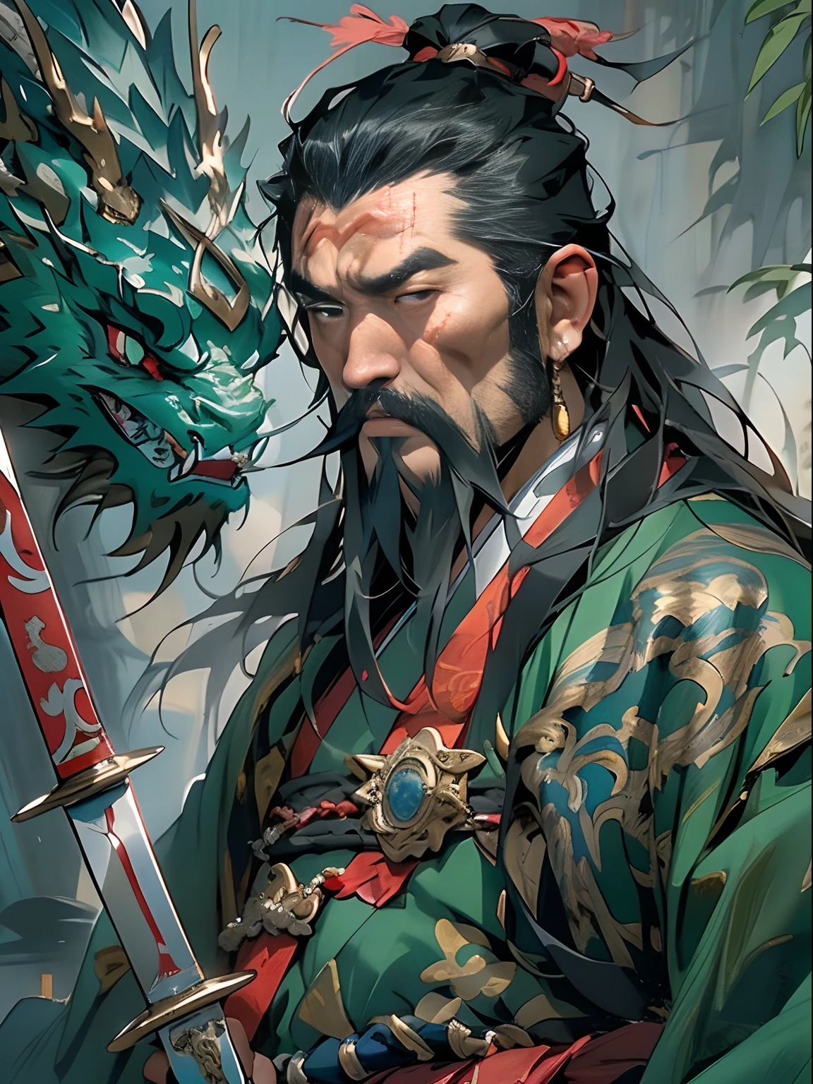 (((China-style,Ink painting method,Half-length portrait,Intense color,Han dynasty, China,Hanfu,Armor,Guan yu,Guan Yunchang,of a guy,Ruddy killing square face,Hold the Blue Dragon Moon Knife in his right hand,Stroke your beard with your left hand,Long hair,petty eyes,Green robe))), (((best qualityer))), (((tmasterpiece))), (((AS-Adult))), ((( Japanese ))), Look up from your knees, Handsome Asian samurai,perfect body figure, Modern samurai, ((( Asian))), Wear gloves on your hands,The left arm is made of steel and metal tips,Made of protective devices, The eyes are pulled, (( Appears below the chest )), (( Small dental floss )), Simon Bisley, Almost naked(Simon Bisley)Castle City Wilderness,For high-resolution posters, hair straight, Minimum clothing, armure (Crazy clothes ), Full of tips and rivets, tribal tattoos, (((full bodyesbian))), Straight brunette hair,Colored hair ends