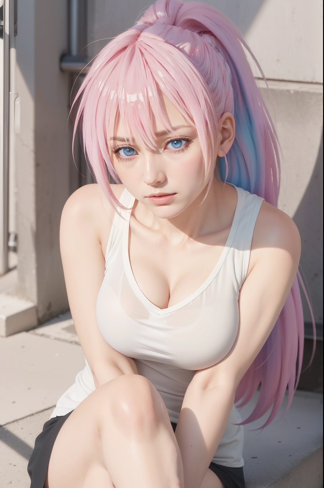 (8k, RAW photos, top quality, masterpiece: 1.2), (realistic, photorealistic: 1.37), (High Quality), (Ultra realistic), (High Details), (Face detail), (Shadow Detail), ((gigantic huge bresat : 1.5)), solo, 1 girl, pink hair, light blue eyes, ponytail, white tanktop, black short skirt, angry, candid, body sweats a lot, shikimori