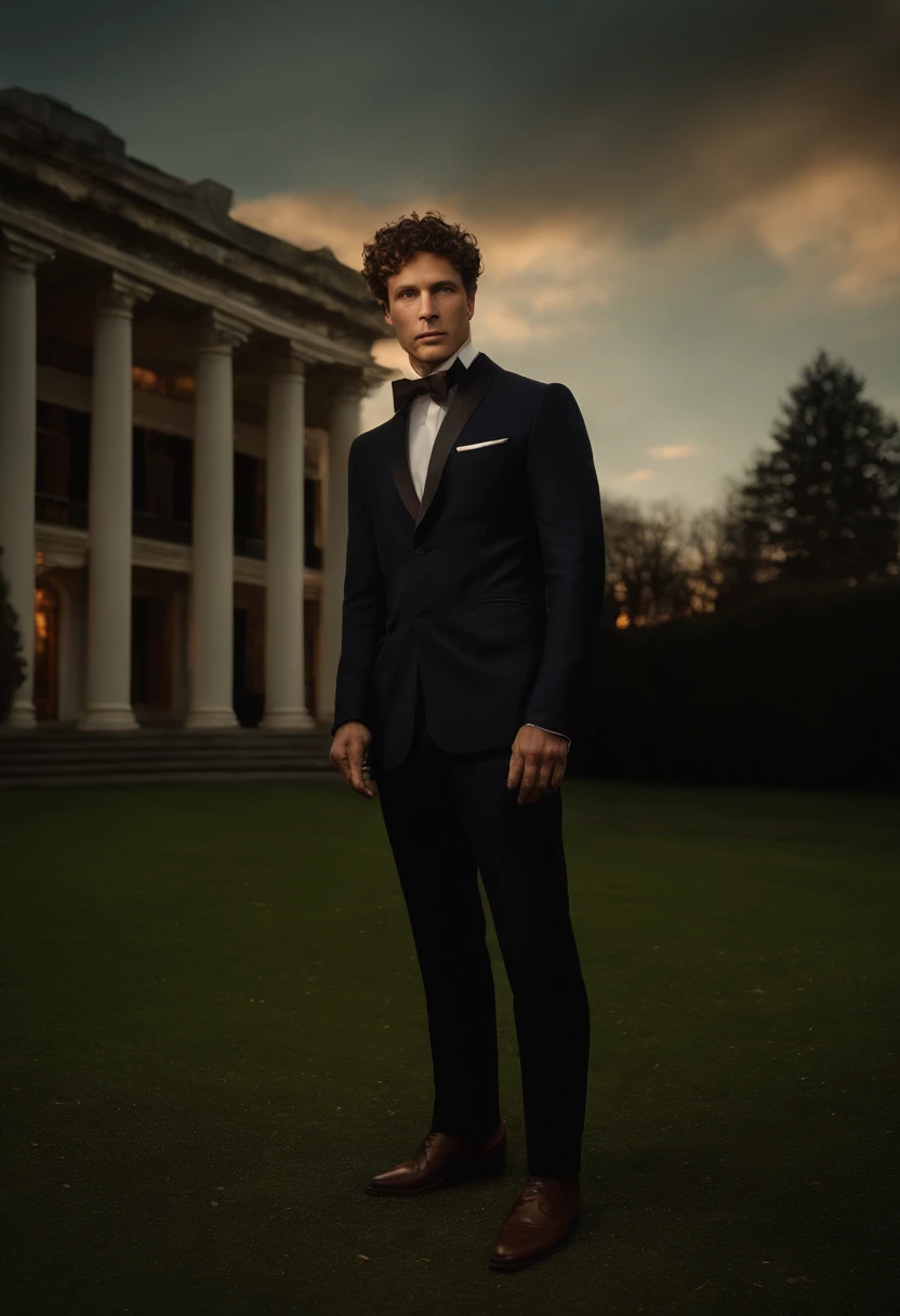 corps entier, Wide-angle photo of the body of a handsome man, Grand et en forme, (40 ans:1.1), (shaven:1.2), (short brown hair and a little curly:1.5),(very short hair:1.6). Tight suit in dark blue velvet:1.3). (posing outside the mansion), Cold and dark sunset at dusk, (Edge Light:1.1),(Concentrez-vous sur les yeux), (Regard fier), (hard light on the skin:1.2), (ombres dures, dark themed, Contraste profond:1.1), (photographie de portrait par Annie Liebovitz), Dark mint theme and choral aesthetics, (skin imperfections)