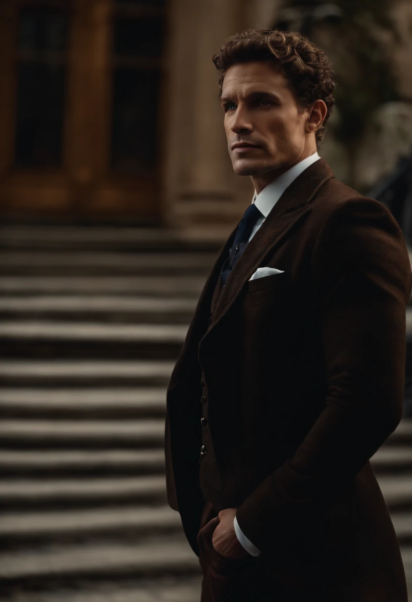 corps entier, Wide-angle photo of the body of a handsome man, Grand et en forme, (40 ans:1.1), (shaven:1.2), (short brown hair and a little curly:1.5),(very short hair:1.6). Tight suit in dark blue velvet:1.3). (posing outside the mansion), Cold and dark sunset at dusk, (Edge Light:1.1),(Concentrez-vous sur les yeux), (Regard fier), (hard light on the skin:1.2), (ombres dures, dark themed, Contraste profond:1.1), (photographie de portrait par Annie Liebovitz), Dark mint theme and choral aesthetics, (skin imperfections)