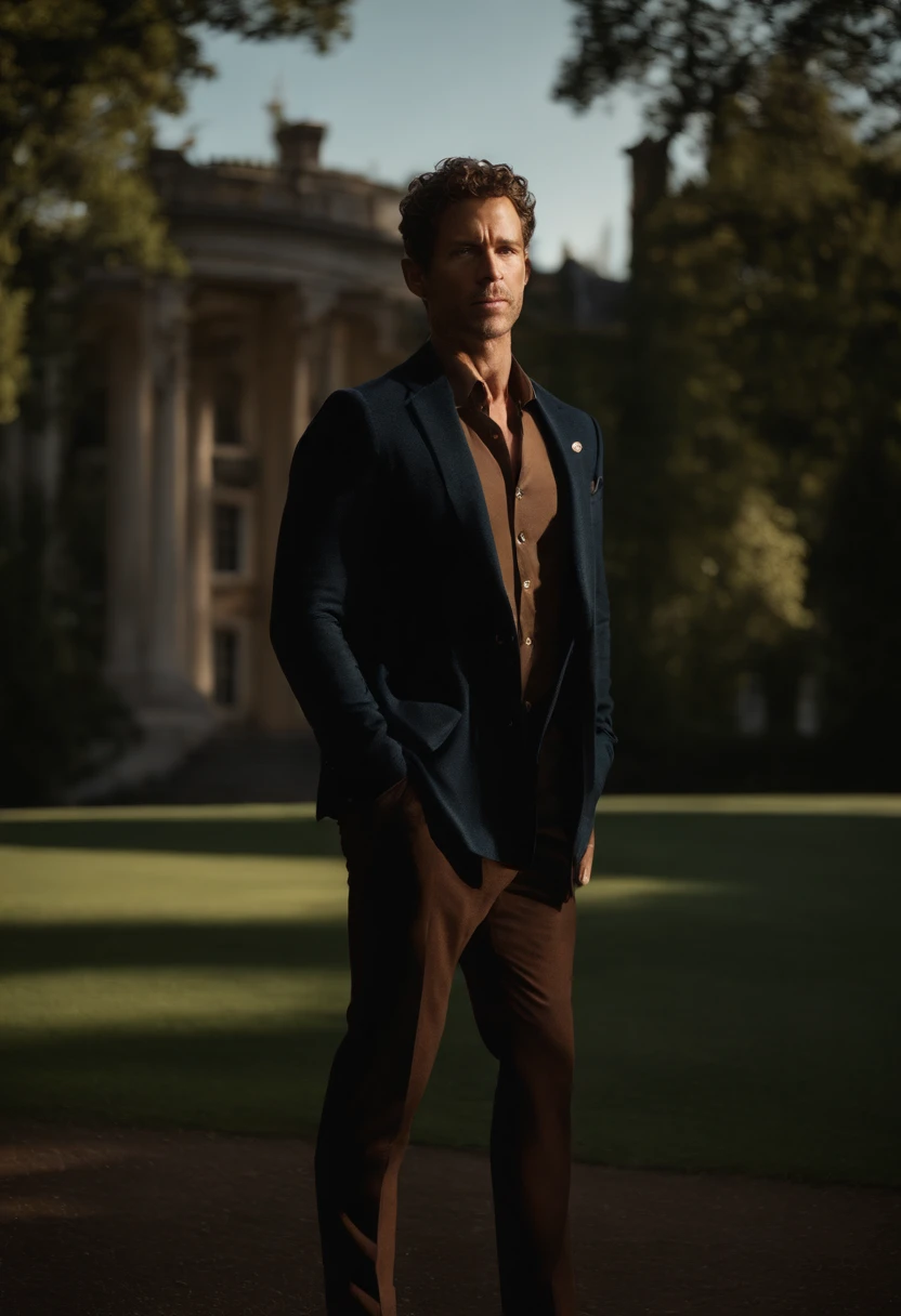corps entier, Wide-angle photo of the body of a handsome man, Grand et en forme, (40 ans:1.1), (shaven:1.2), (short brown hair and a little curly:1.5),(very short hair:1.6). Tight suit in dark blue velvet:1.3). (posing outside the mansion), Cold and dark sunset at dusk, (Edge Light:1.1),(Concentrez-vous sur les yeux), (Regard fier), (hard light on the skin:1.2), (ombres dures, dark themed, Contraste profond:1.1), (photographie de portrait par Annie Liebovitz), Dark mint theme and choral aesthetics, (skin imperfections)