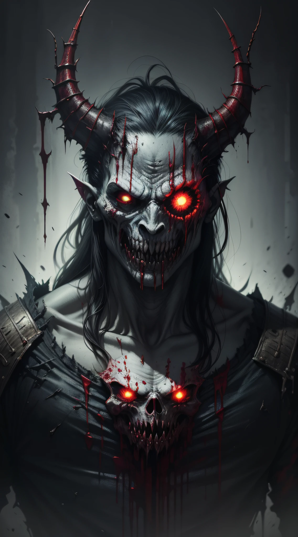 A painting of a demonic creature with a bloodied face and a bloodied head, carnage, Sci - Horror Art of Fiction, Science fiction horror artwork, inspired by Aleksi Briclot, Crocs de carnage, Horror fantasy art, par Aleksi Briclot, Horror concept art, venin, Art fantastique et horreur, Detailed illustration of 4K horror, Demonic creature, Dark Fantasy Horror Art