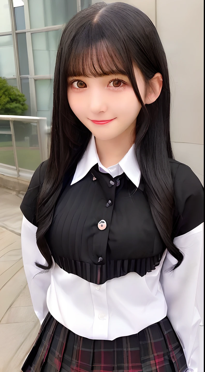 ((Black hair)), ((Smile)), (Perfect body: 1.1), (Symmetrical face), (Medium hair: 1.2), (Girl in Uniform: 1.4, Pleated skirt, Button-up shirt), (((School uniform))、black eyes、