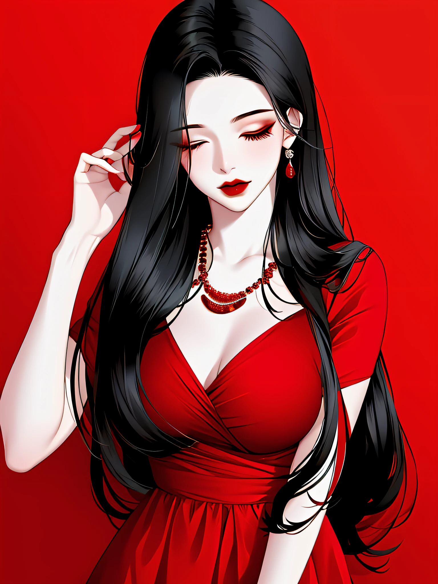 1girl in, Solo, Jewelry, Black hair, Necklace, Red lips, Long hair, Closed eyes, lip stick, makeup, Upper body, Closed mouth, Red dress, Hair over one eye, 鎖骨, Dress,Red Theme,bad-girl, Large breasts,Shiny skin,(maturefemale),