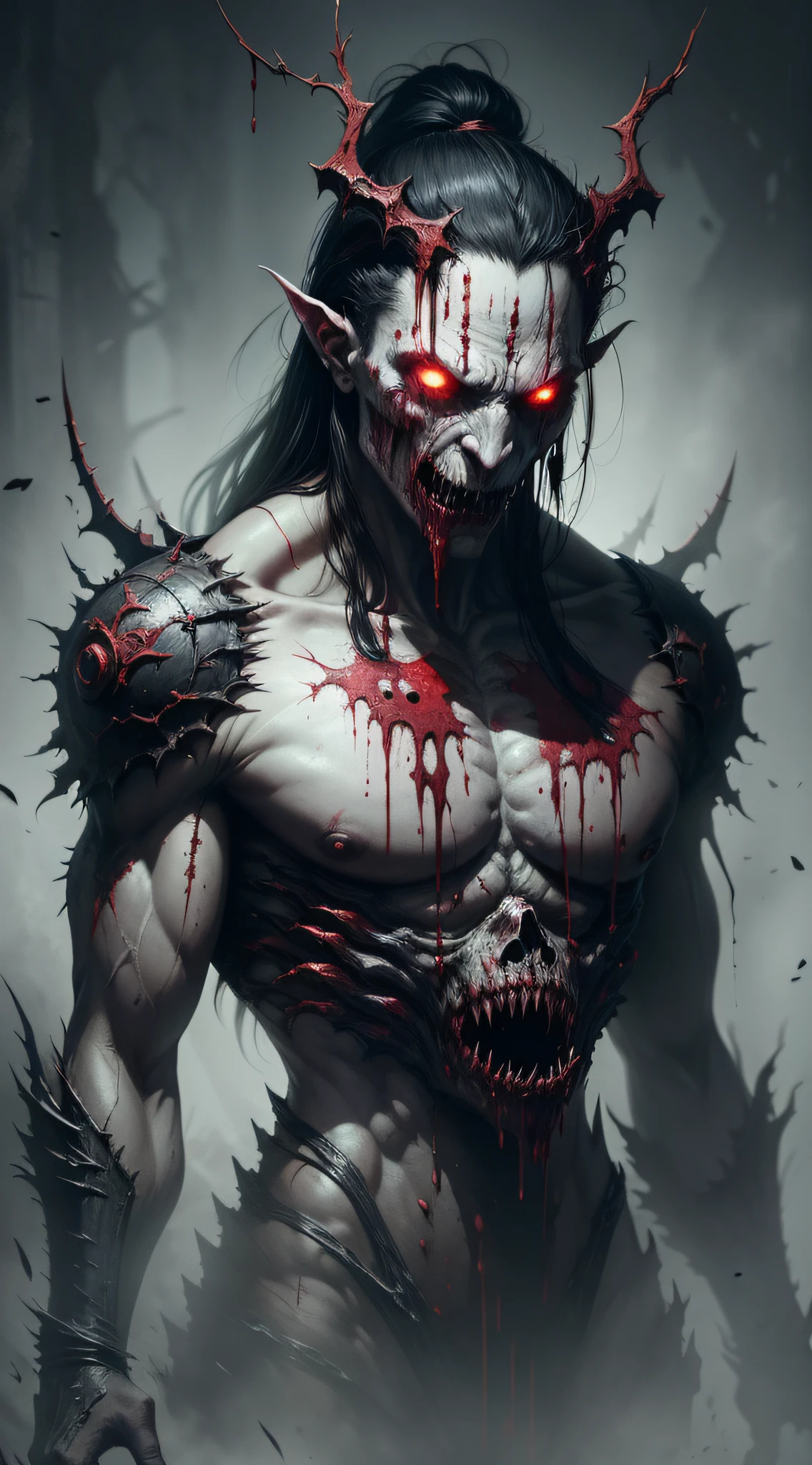 A painting of a demonic creature with a bloodied face and a bloodied head, carnage, Sci - Horror Art of Fiction, Science fiction horror artwork, inspired by Aleksi Briclot, Crocs de carnage, Horror fantasy art, par Aleksi Briclot, Horror concept art, venin, Art fantastique et horreur, Detailed illustration of 4K horror, Demonic creature, Dark Fantasy Horror Art