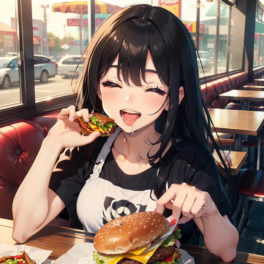 1 beauty, 24-year-old woman, Watery Big Eyes，(Happy smile)，long eyelasher, Blushlush，Black Perm Hair,At the table in a fast food restaurant, (Close your eyes, Smile and open your mouth wide), ((Gnawing on a grabbed hamburger with both hands)),(Eat cleanly)