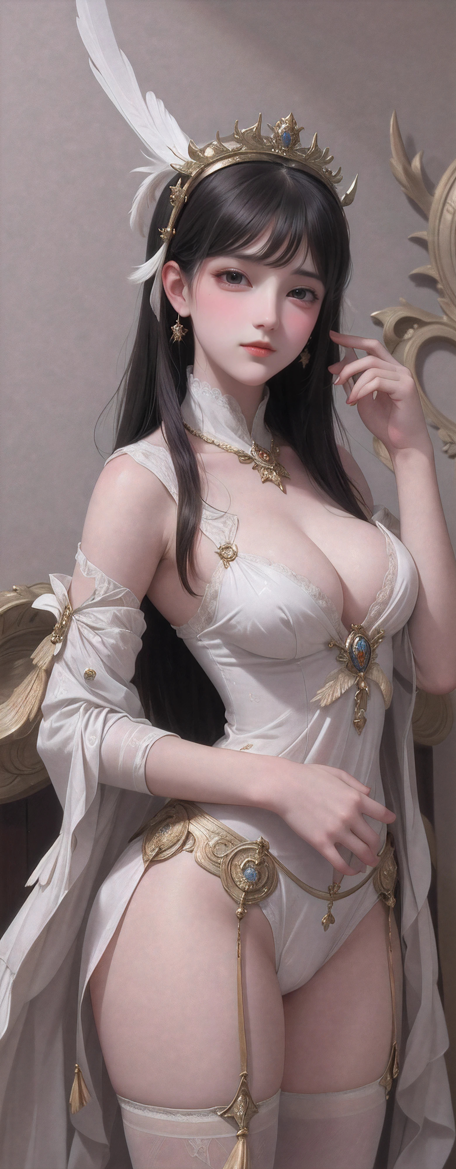 Classical art portrait of ager seduced with feathers, (academic art:1.4), Eugene de Blass, John William Goldward, Bouguereau