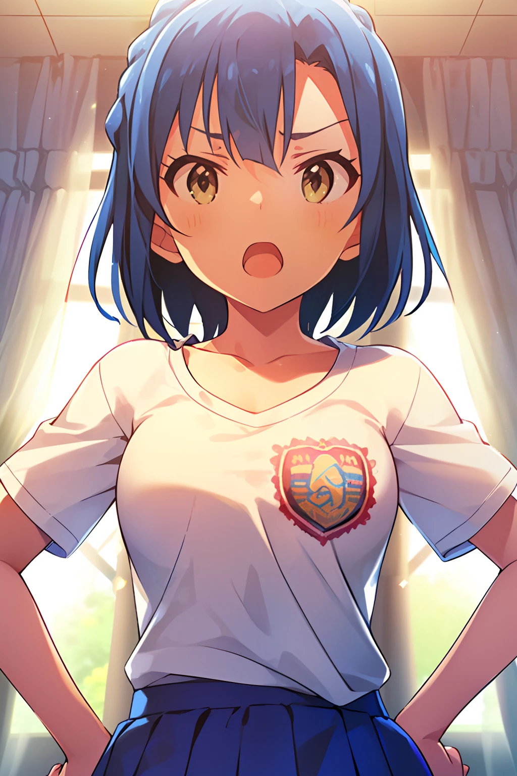 yuriko nanao (million live). Short stature. (((white t-shirts))).(((Skirt))).(((masterpiece))).(((best quality))).((Ultra-detailed))).(((illustratio))). (((put hands on the hip))).(((a room))).(((make a fist))).(((up chest))).Despair face.(((short-hair))).((big breasts)).((Opening Mouth)).