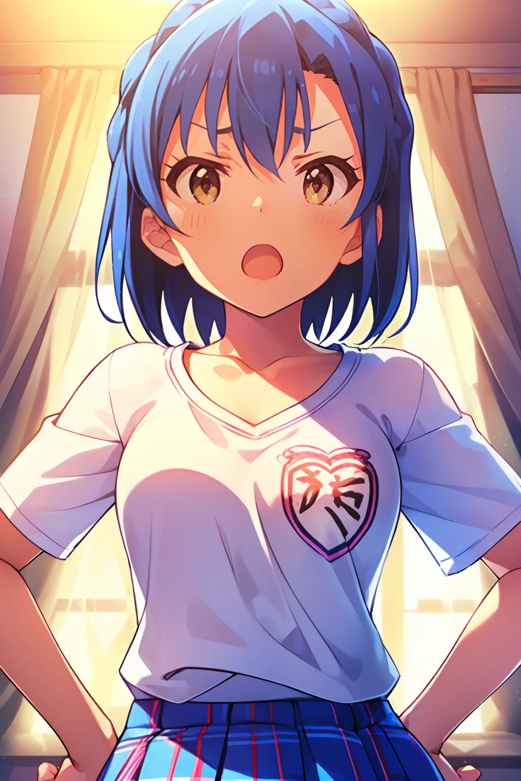 yuriko nanao (million live). Short stature. (((white t-shirts))).(((Skirt))).(((masterpiece))).(((best quality))).((Ultra-detailed))).(((illustratio))). (((put hands on the hip))).(((a room))).(((make a fist))).(((up chest))).Despair face.(((short-hair))).((big breasts)).((Opening Mouth)).