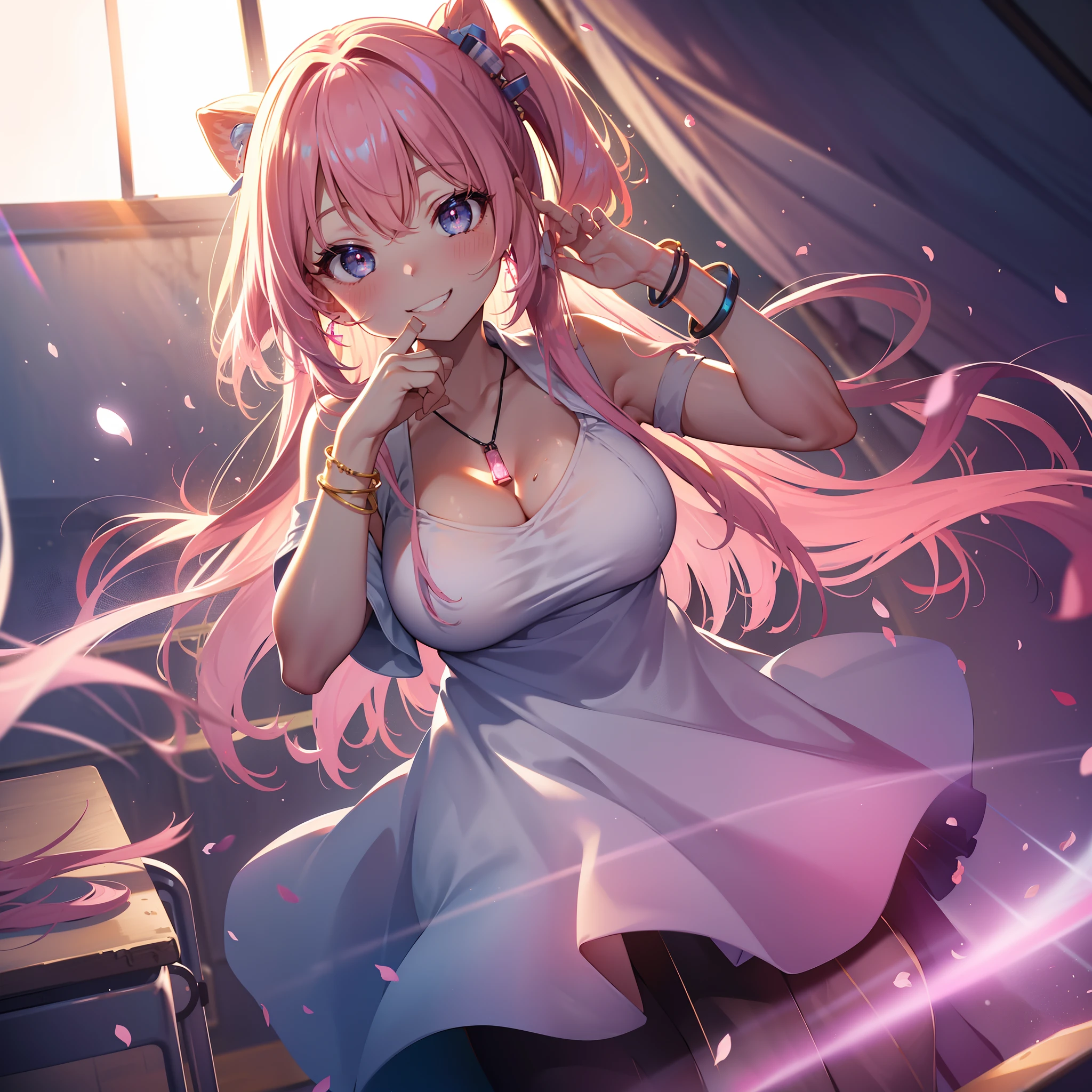 1个Giant Breast Girl,A high resolution,eBlue eyes,long whitr hair,Bracelet,Jumpy,lense flares,Ambient lighting,Miss,pupils,Gradient eye,Open-mouthed,CRIT,(Flirting smiles),((Toothy smile)),Pink hair,pendant,shairband,ear studs,Bow hair ornament,sleevelessdress,((♥Put your hand to your mouth))Look to the side,tilts your head,Hold the cheeks,(((Classroom))),natural soft light,Cinematic lighting,(((Pinch your hair))),((squinty eyes))