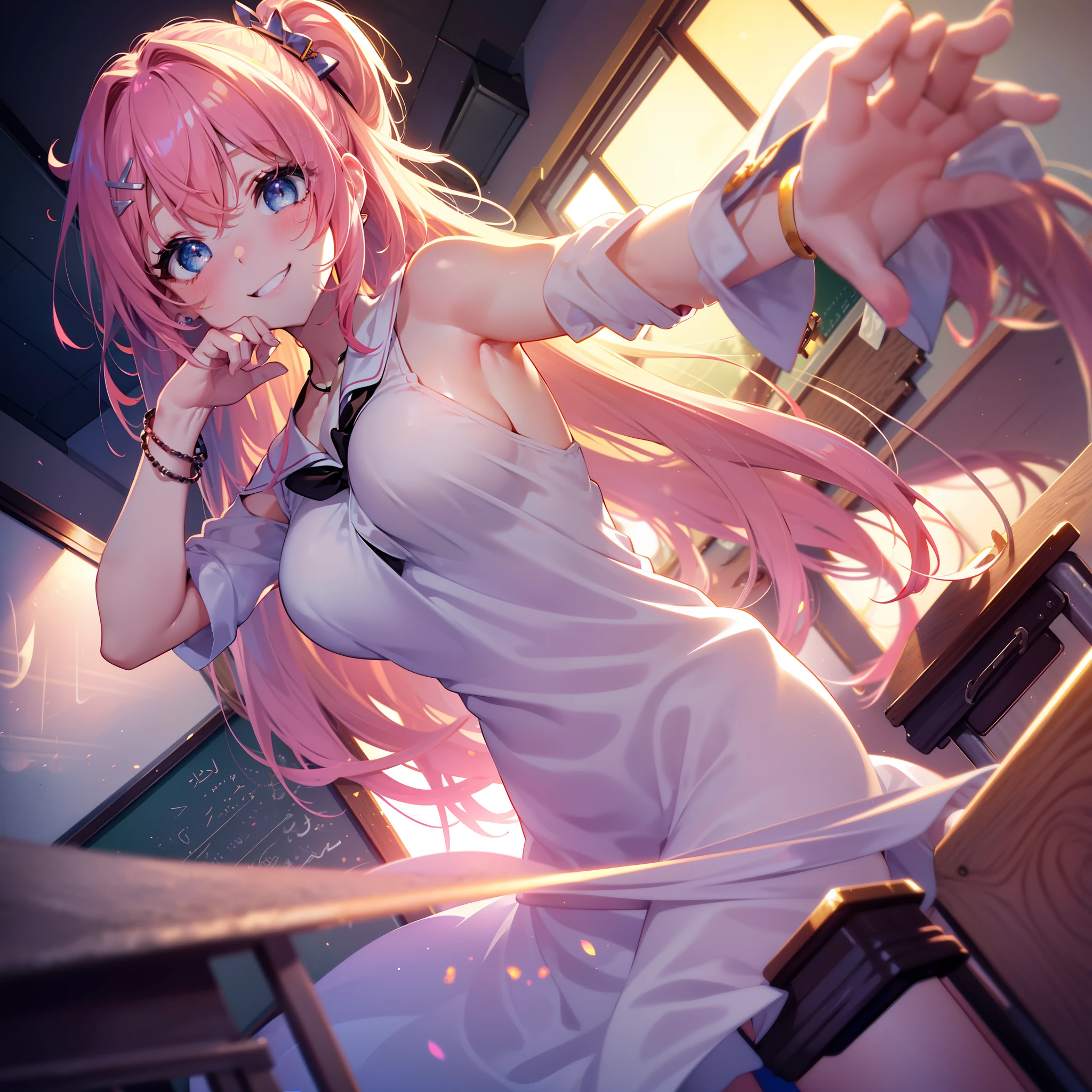 1个Giant Breast Girl,A high resolution,Bracelet,long whitr hair,Gradient eye,lense flares,Stick out your tongue,Close one eye,Flirting smiles,Pink hair,The antenna is dull,pendant,Hair rings,Bow hair ornament,(lap pillow),((Classroom)),Cinematic lighting,sleevelessdress