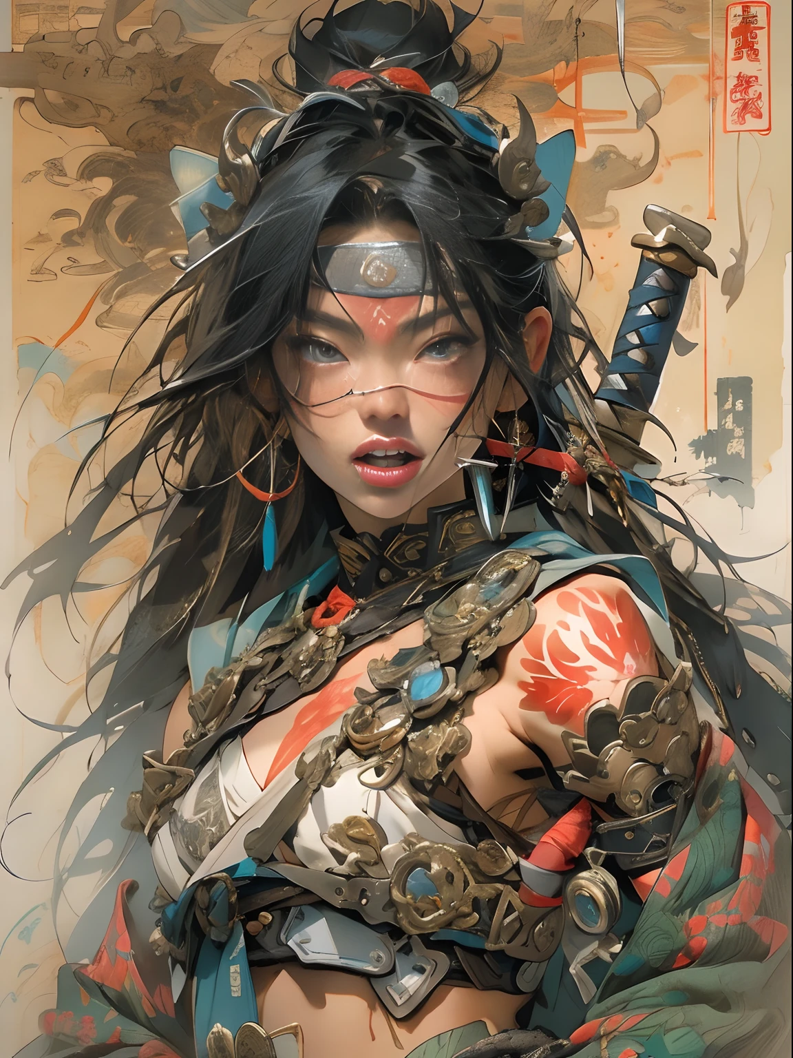 (((woman))), (((best qualityer))), (((tmasterpiece))), (((AS-Adult))), ((( Japanese ))), Look up from your knees, A beautiful asian samurai woman with perfect body, Modern samurai, ((( Asian))), Wear gloves on your hands,The left arm is made of steel and metal tips,Made of protective devices, The eyes are pulled, (( Appears below the breast )), (( Small dental floss )), Simon Bisley, Almost naked(Simon Bisley)Castle City Wilderness,For high-resolution posters, hair straight, Minimum clothing, armure (Crazy clothes ), Full of tips and rivets, tribal tattoos, (((full bodyesbian))), Straight brunette hair,Colored hair ends