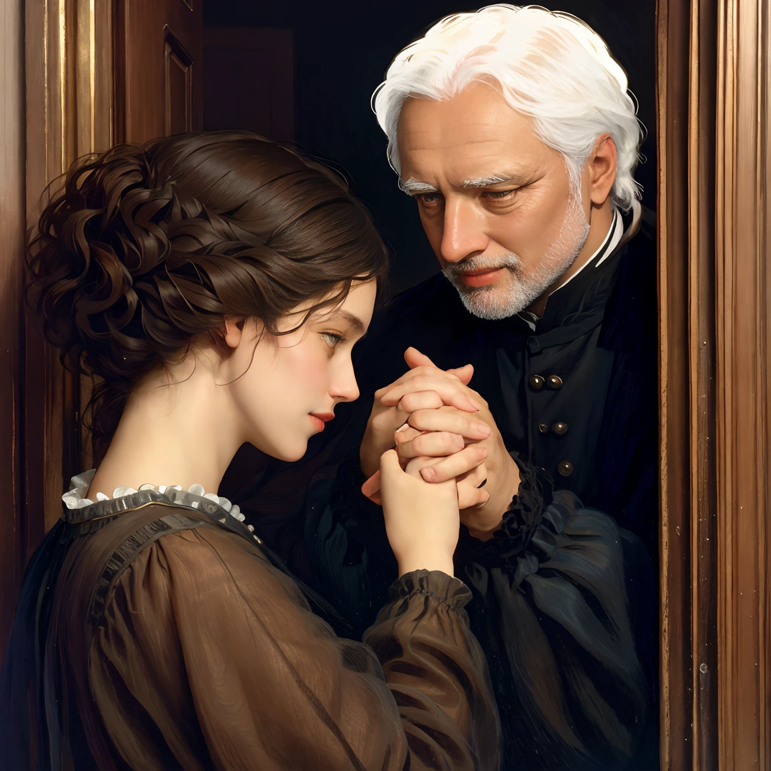 There is a man and a woman holding hands at a door, kramskoi 4 mil, inspirado em Frederic Leighton, inspirado em Ivan Kramskoi, inspirado por Frederick Lord Leighton, Tom Bagshaw Donato Giancola, inspired by Théodore Chassériau, Alberto Lynch, Directed by: John Collier, Davis, Paulo Delaroche