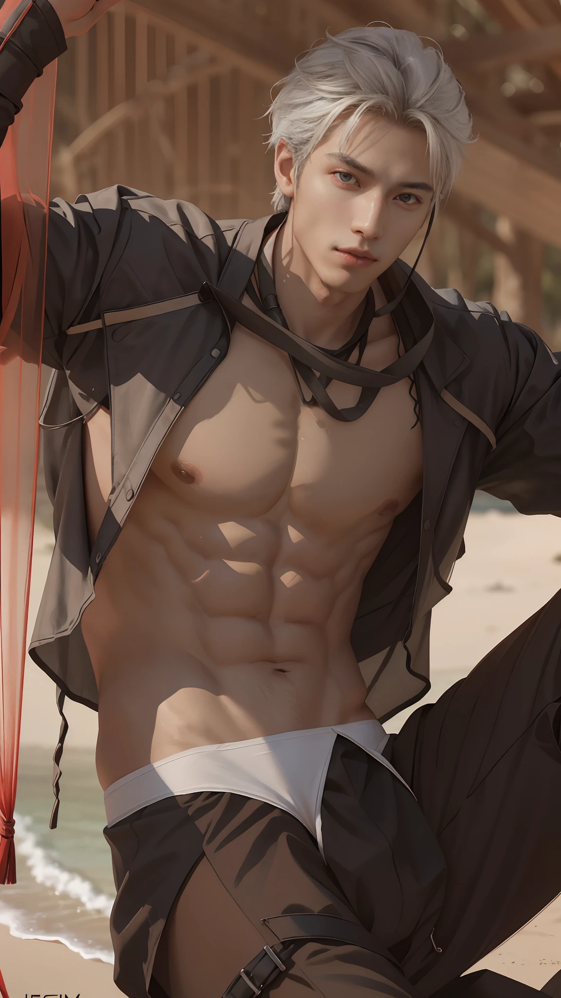 1 male, (male model) hot skin, masterpiece, best qualities, most handsome man in the world, by Shen Quan, perfect body, beautiful male model, attractive male lead 18- 24 years old aesthetic, summer atmosphere, white sandy beach, summer, sea water, coconut tree, coconut, blue sky, handsome young man wearing a transparent school shirt, transparent white cloth, bare shoulders exposed pectoral muscles, thighs exposed, ((white transparent briefs exposed)), (male focus), (smooth body)), smile, super cute, dynamic pose, cool and charming, light dramatic light, full body shot, full body shot, young face, full body, hairless body, tall skinny, fit body, striking , white or white skin , young face, white hair, body shape firm, hd, natural skin tone, soft light, highly detailed, looking at audience, photography, detailed skin, real people, realistic, realistic optics, crazy detail, face detail , exaggeration maximization, exaggerated surrealism, film, telephoto, intricate light detail, high detail, high detail, digital painting, artstation, concept art, smooth focus , sharp, illustrated, Unreal Engine 5, 8K, art by Ross Tran and Greg Rutkowski and Alphonse Mucha, UHD, 8k, Men's only display .8k Ultra HD, DSLR, low light, high quality , film grain, Fujifilm XT3, male fan, 2-person model, two people, White hair, boy, body, 6 packs