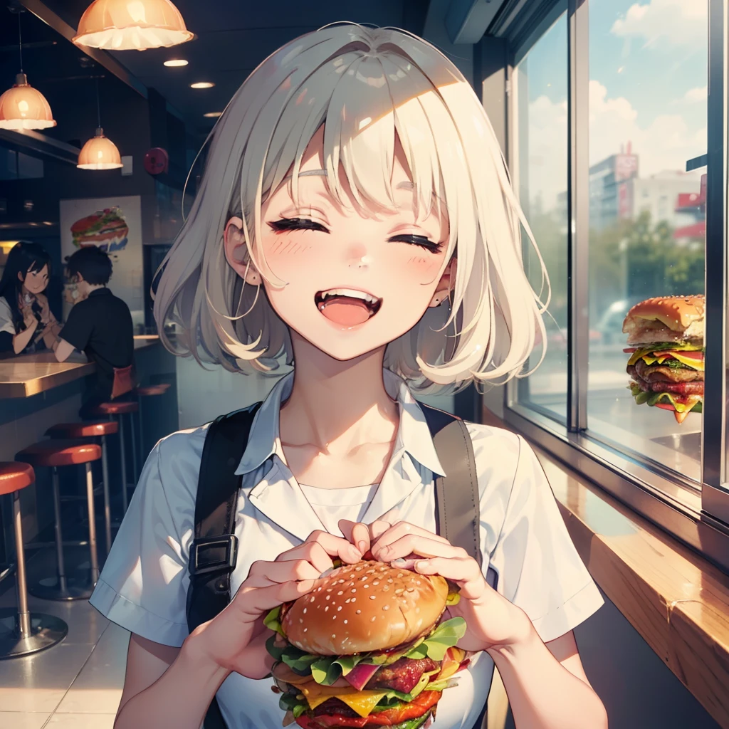 1 beauty，sixteen years old, Watery Big Eyes，(Happy smile)，long eyelasher, Blushlush，Platinum Blonde Perm Hair,in fast food shop, (Close your eyes, Smile and open your mouth wide), ((Gnawing on a grabbed hamburger with both hands)),(Eat cleanly)