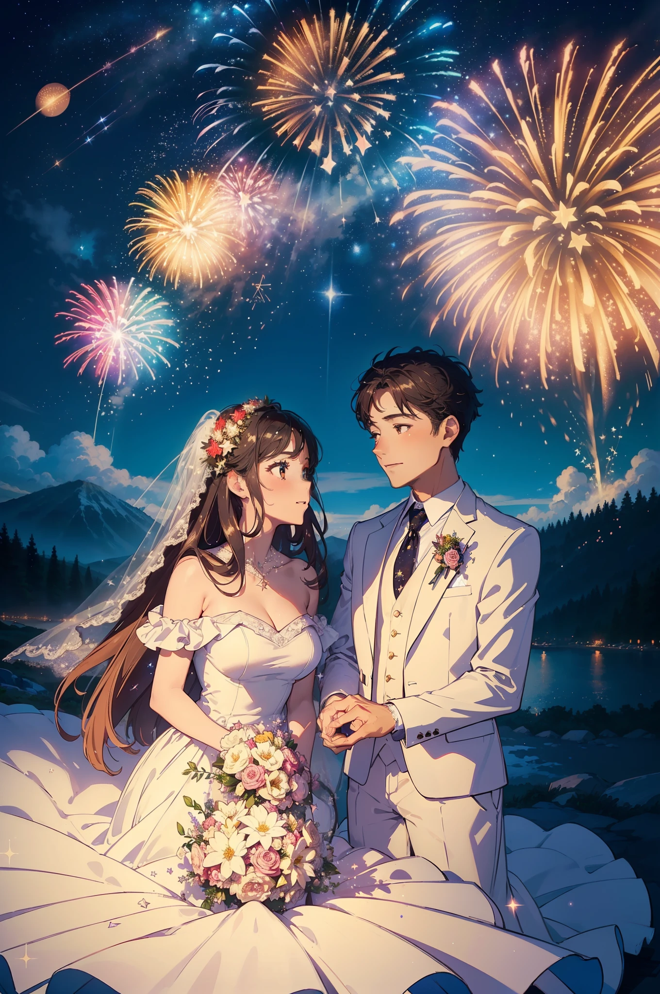 ((Best quality, A high resolution, Masterpiece:1.2)), (Romantic), (newlyweds:1), (Stargazing at the top of the mountain), (Spectacular sky fireworks display), (Colorful fireworks), (Giant fireworks), (Wedding dress), (suit), (glittering stars:1.5), Romantic couple photo, cinematic Film still from.