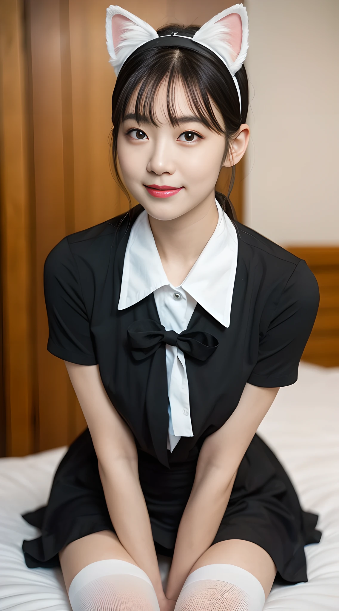(1girl), Cute, , looks pure, 8k, RAW photo, (photo realistic:1.37), ultra high res, best quality, small round face, big eyes, extremely detailed face, extremely detailed eyes, slender, slender legs, slim long legs, depth of field, (background:luxury condominium:1.1), shy smile, blush, professional lighting, shiny skin, face lights, natural shading, Very realistic skin texture, full body, from above, laying on bed, BREAK (wearing miniskirt maid uniform:1.1), (wearing thigh-high socks:1.1), BREAK (wearing cat ear headband and cat tail:1.1), BREAK (shoulder length hair with bangs:1.1),