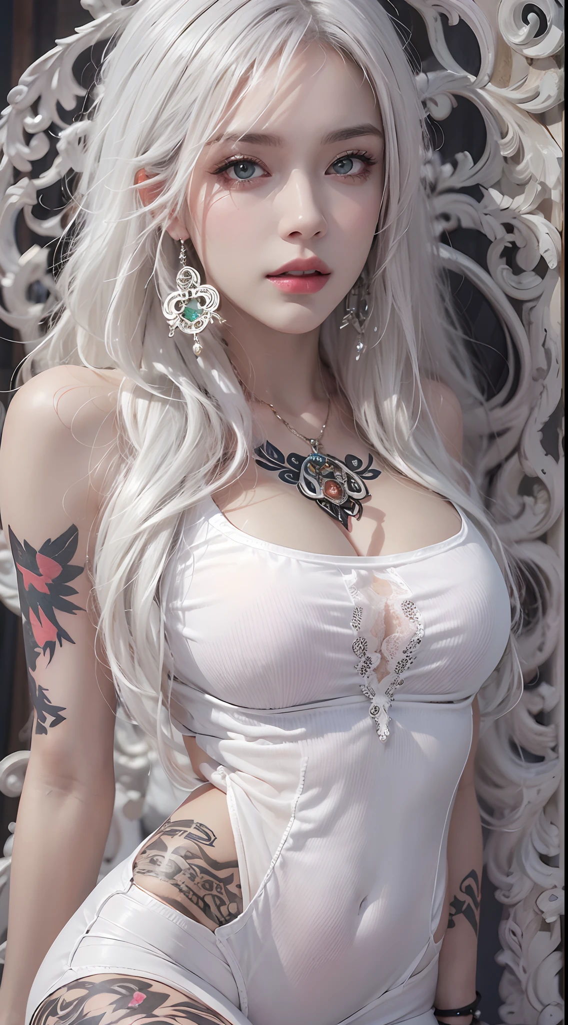 Photorealistic, high resolution, 1 woman, Hips up, Beautiful eyes, Long hair, ringed eyes, jewelry, tattoo, white hair, thick thighs, black lace leotard