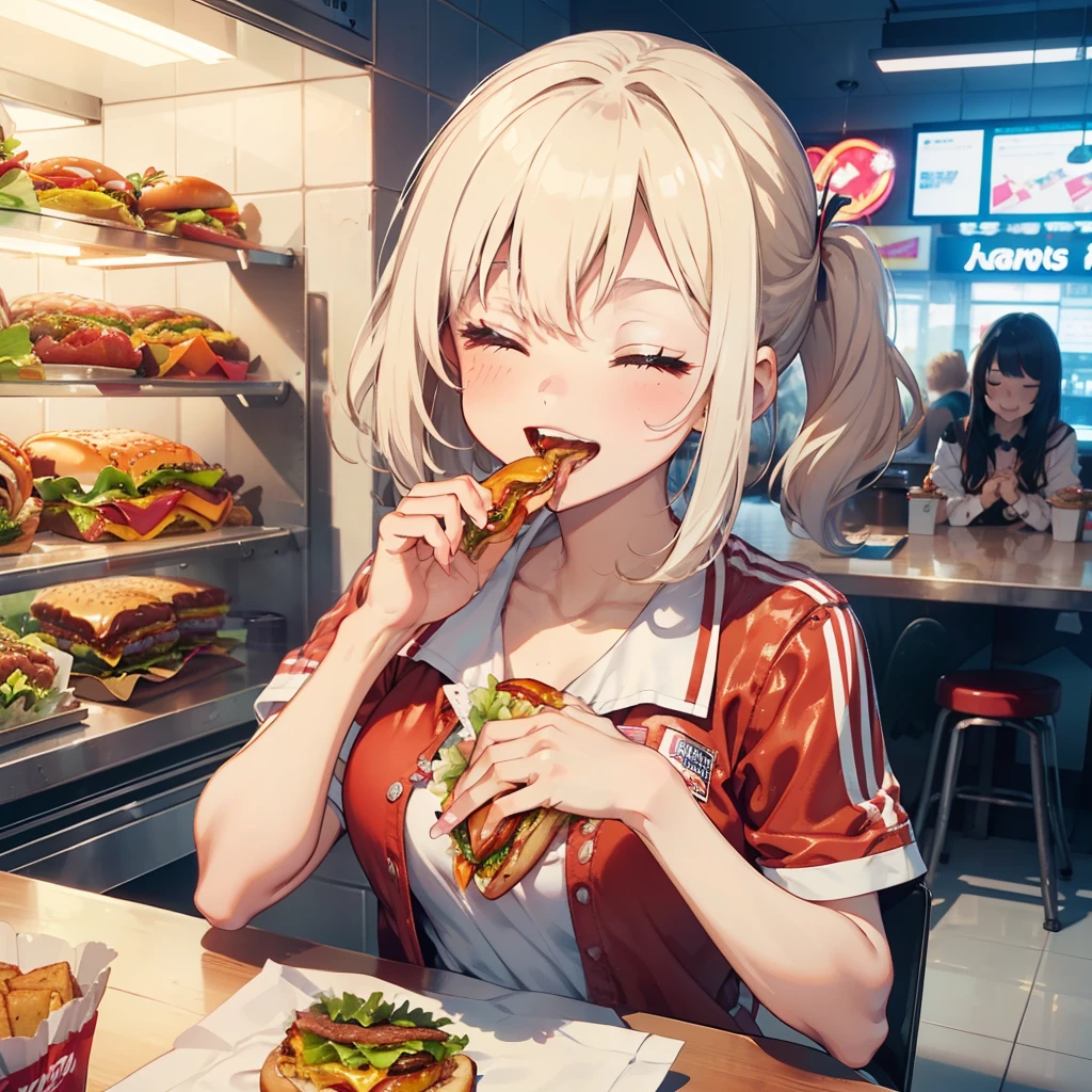 1 beauty，sixteen years old, Watery Big Eyes，(Happy smile)，long eyelasher, Blushlush，Platinum Blonde Perm Hair,in fast food shop, (Close your eyes, Smile and open your mouth wide), ((Gnawing on a grabbed hamburger with both hands)),(Eat cleanly)