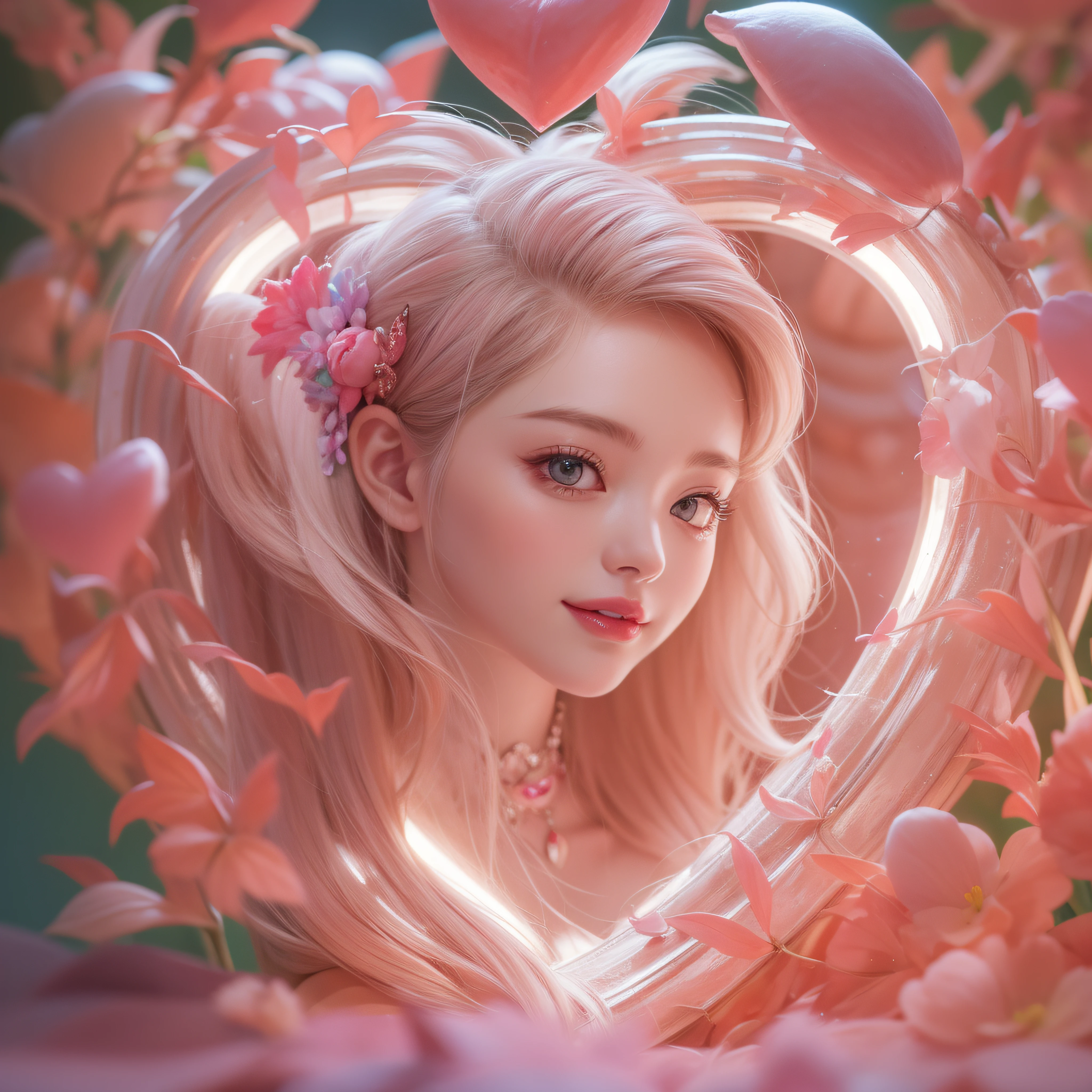 close-up of the smile face、close-up of the smile face、Designer、(realisitic、hight resolution)、(1 girl in)、Do-Up Eye、Korean Girl、(Best Quality), (masutepiece), (1girl in), Solo, a beauty girl, Perfect face, dreamlikeart、Highly detailed airbrush art((Surreal))、Volumetric lighting、(top-quality)、The ultra-detailliert、Highly detailed colorful details、(Bright lighting)、dynamic compositions、Ray traching、The mirror reflects light、Shallow depth of field、ultra-detailliert、mixing  exposure、nffsw、Her eyes are pink and glow heart-shaped、The eyes are pink-heart-shaped。Pink glowing three-dimensional heart on background、Pink glowing three-dimensional heart on background、Pink glowing three-dimensional heart on background、