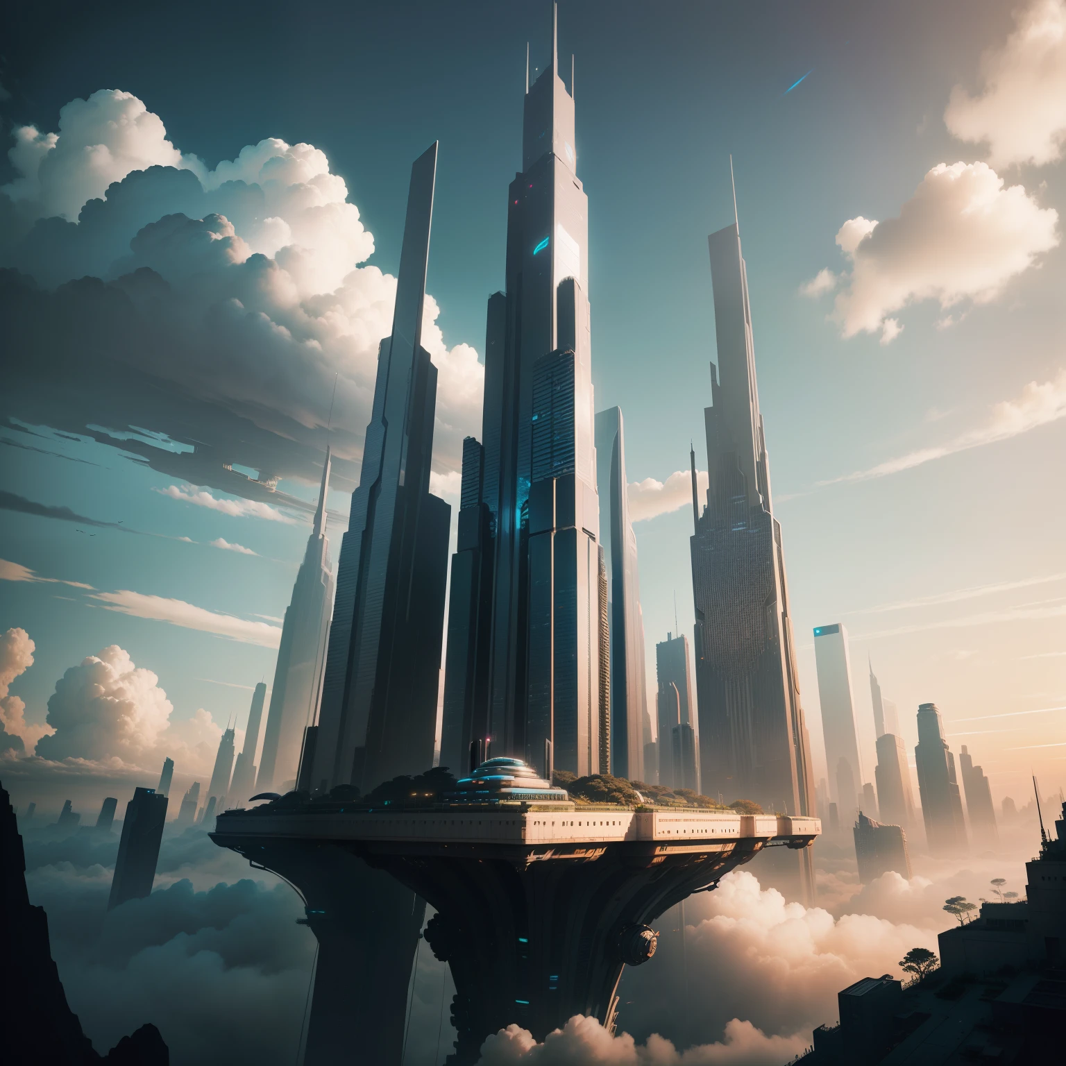 cyberpunked、Great civilization、SFart by、Fantasia、futuristic cities、Huge skyscrapers lined up、dream、Huge construction、top-quality、masterpiece、HD Images、Beautiful future city、Height through the clouds