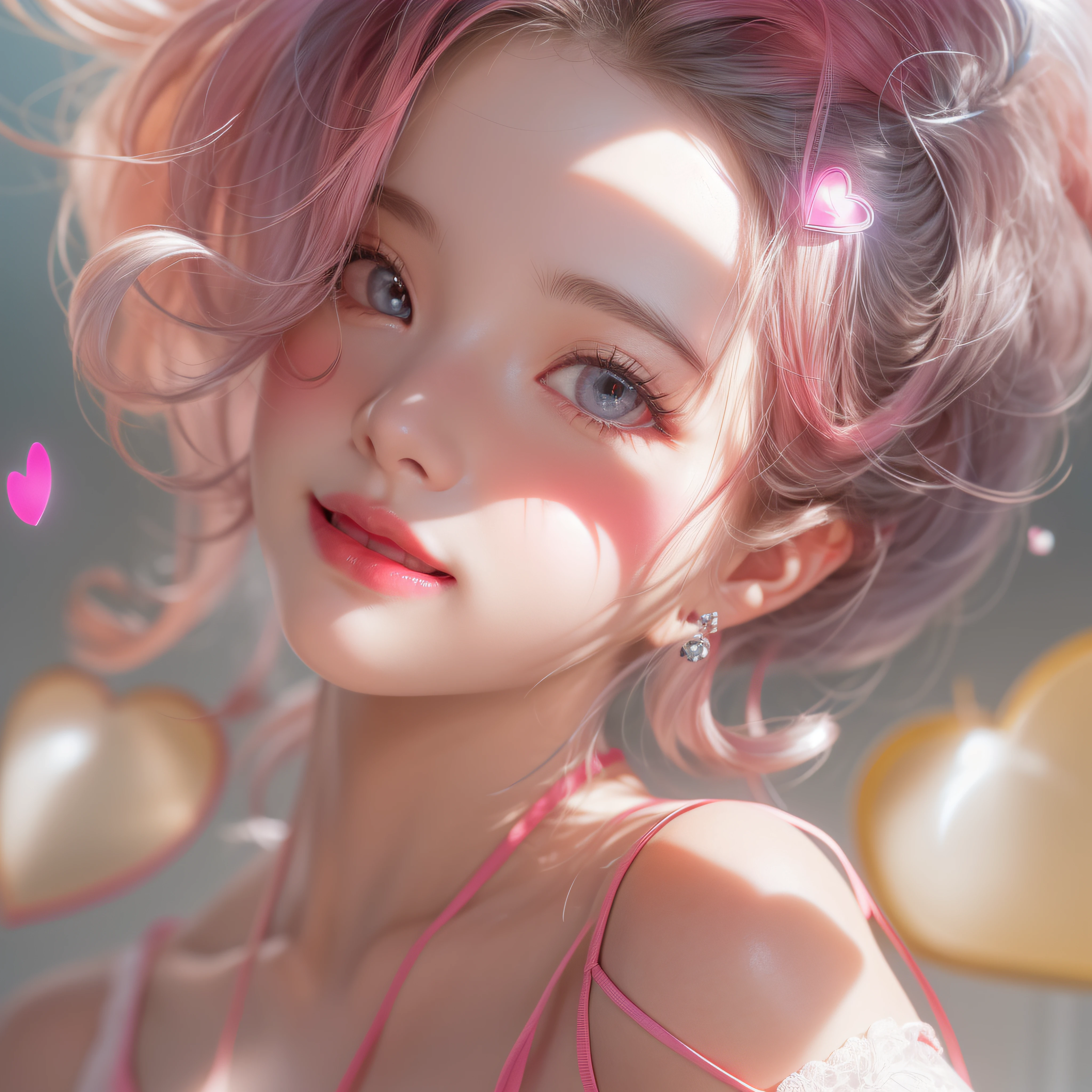 close-up of the smile face、close-up of the smile face、Designer、(realisitic、hight resolution)、(1 girl in)、Do-Up Eye、Korean Girl、(Best Quality), (masutepiece), (1girl in), Solo, a beauty girl, Perfect face, dreamlikeart、Highly detailed airbrush art((Surreal))、Volumetric lighting、(top-quality)、The ultra-detailliert、Highly detailed colorful details、(Bright lighting)、dynamic compositions、Ray traching、The mirror reflects light、Shallow depth of field、ultra-detailliert、mixing exposure、nffsw、Her eyes are pink and glow heart-shaped、The eyes are pink-heart-shaped。Pink glowing three-dimensional heart on background、Pink glowing three-dimensional heart on background、Pink glowing three-dimensional heart on background、