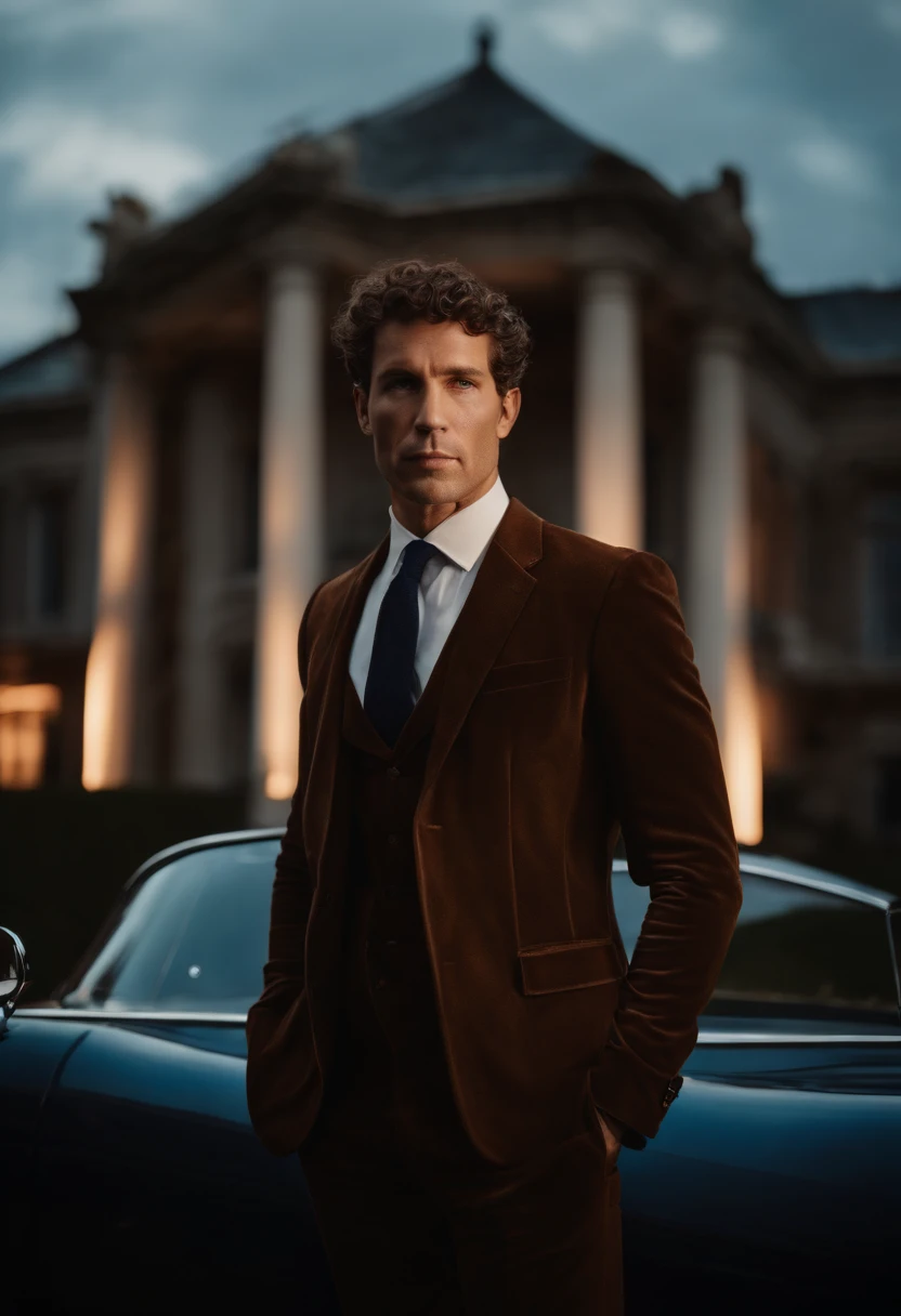 corps entier, wide-angle photo close-up portrait of the body of a handsome man , Grand et en forme, (40 ans:1.1), (shaven:1.2) , (very short brown hair and a little curly:1.5),(very short hair:1.6). (Tight suit in dark blue velvet:1.3). (posing outside the mansion with a luxury car:1.1),Cold and dark sunset at dusk, (Edge Light:1.1),(Concentrez-vous sur les yeux), (Regard fier), (hard light on the skin:1.2), (ombres dures, dark themed, Contraste profond:1.1), (photographie de portrait par Annie Liebovitz), Dark mint theme and choral aesthetics, (skin imperfections)