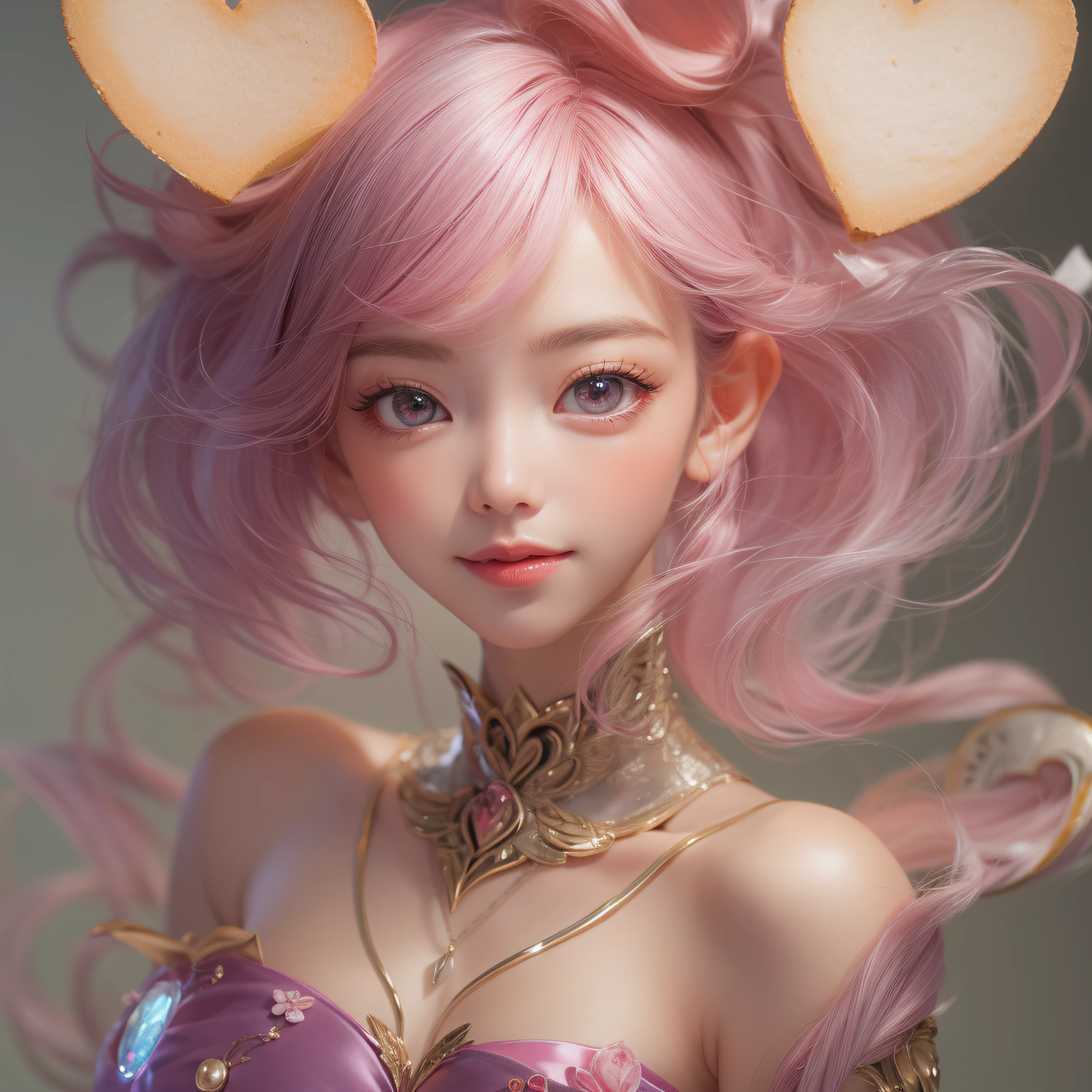 close-up of the smile face、close-up of the smile face、Designer、(realisitic、hight resolution)、(1 girl in)、Do-Up Eye、Korean Girl、(Best Quality), (masutepiece), (1girl in), Solo, a beauty girl, Perfect face, dreamlikeart、Highly detailed airbrush art((Surreal))、Volumetric lighting、(top-quality)、The ultra-detailliert、Highly detailed colorful details、(Bright lighting)、dynamic compositions、Ray traching、The mirror reflects light、Shallow depth of field、ultra-detailliert、mixing  exposure、nffsw、Her eyes are pink and glow heart-shaped、The eyes are pink-heart-shaped。Pink glowing three-dimensional heart on background、Pink glowing three-dimensional heart on background、Pink glowing three-dimensional heart on background、