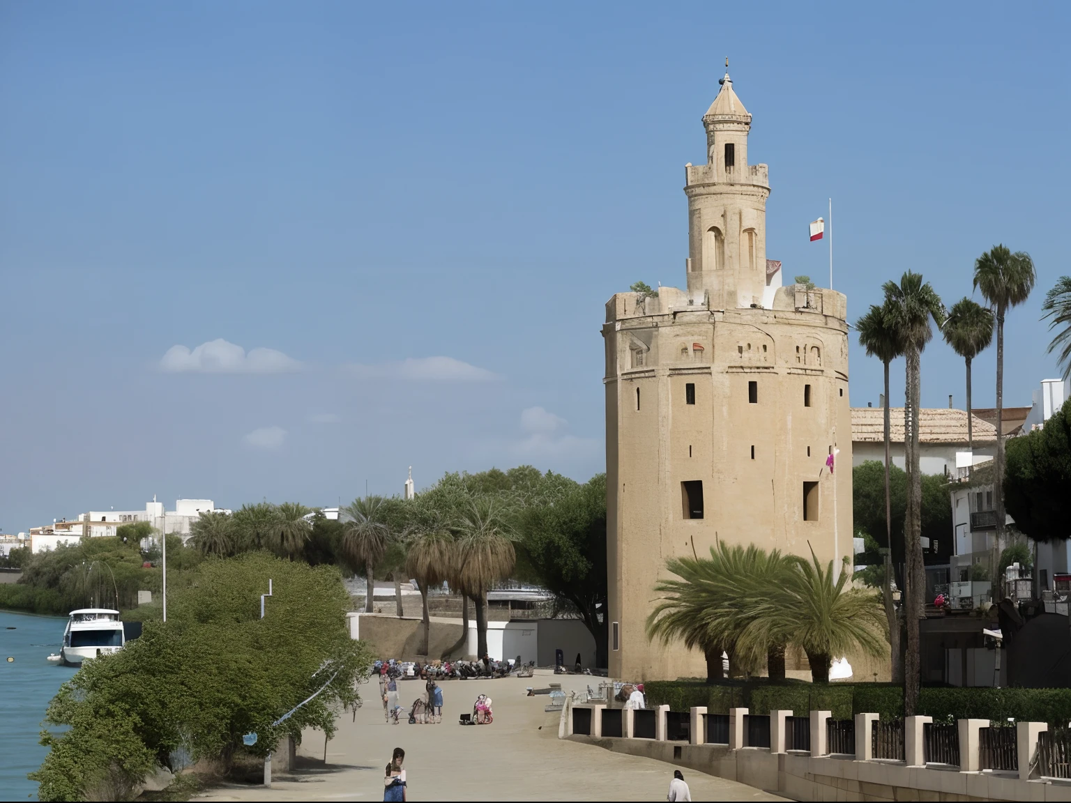 Araffe Tower on one side of the river with palm trees and a boat on the water, Sevilla, Espinas, Alrededores de la ciudad, Espinas y torres, Imagen impresionante, jerez, tourist destination, con torres, Spain, Torres del castillo, marbella, en una ciudad con una rica historia, Paisaje del sur de Europa, visto desde fuera, Arquitectura morisca, torre