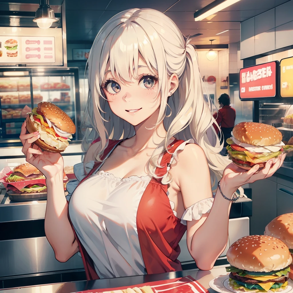 1 beauty,Watery Big Eyes,Happy smile,long eyelasher,falda corta,Blushlush,Platinum Blonde Perm Hair,in fast food shop,Smiling and nibbling on a hamburger