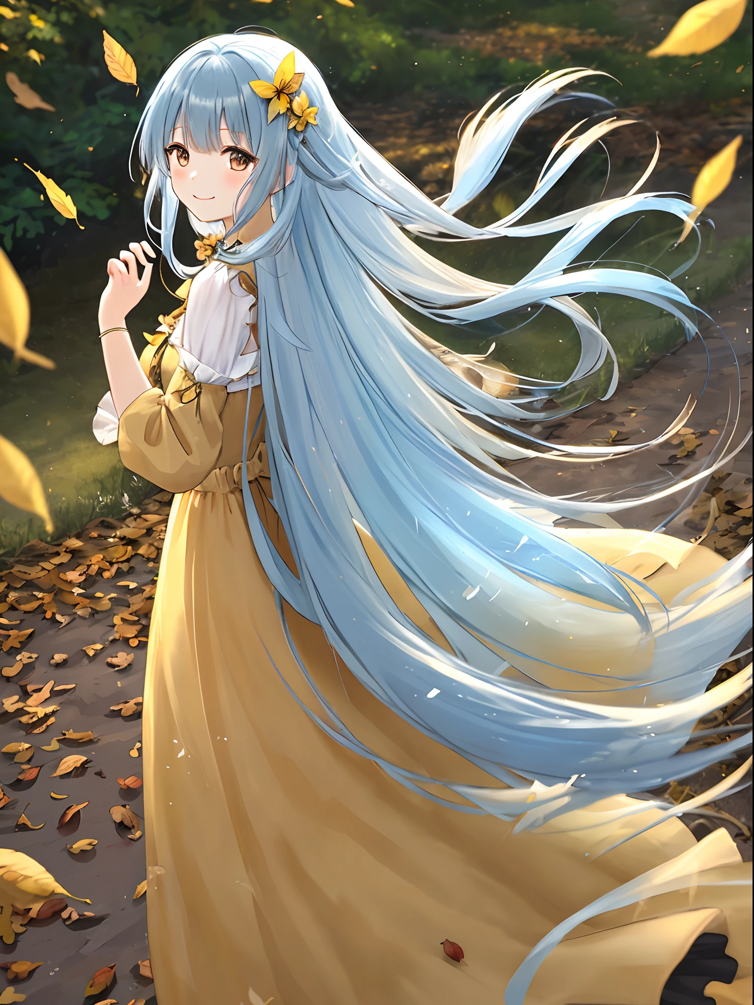Yellow and brown long dress Pretty girl long light blue hair a smile Black eyes Photo of partially fallen leaves fluttering Dress and hair fluttering in the wind