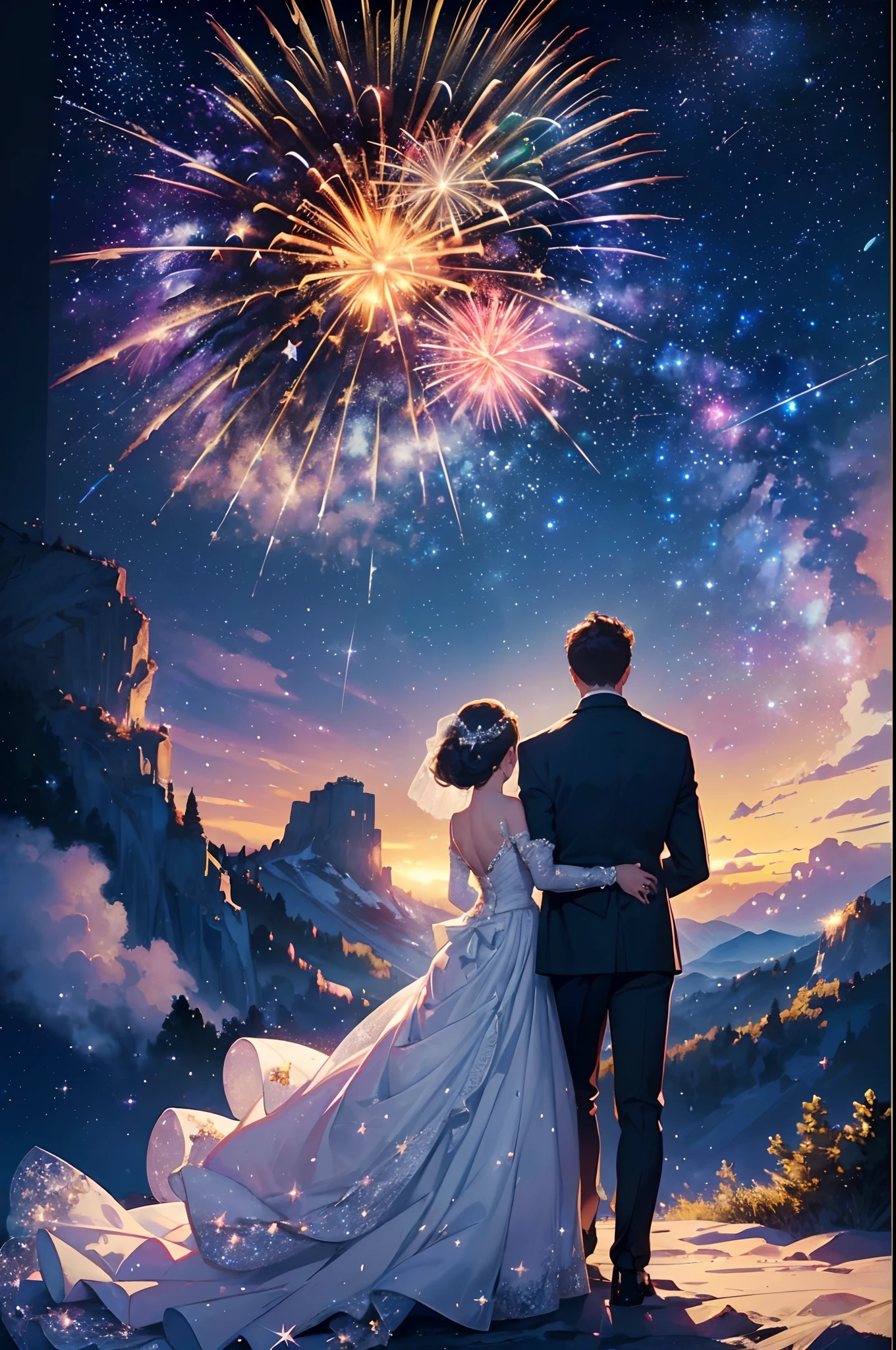 ((Best quality, A high resolution, Masterpiece:1.2)), (Romantic), (newlyweds:1), (Stargazing at the top of the mountain), (Spectacular sky fireworks display), (Colorful fireworks), (Giant fireworks), (Wedding dress), (suit), (glittering stars:1.5), Romantic couple photo, cinematic Film still from.