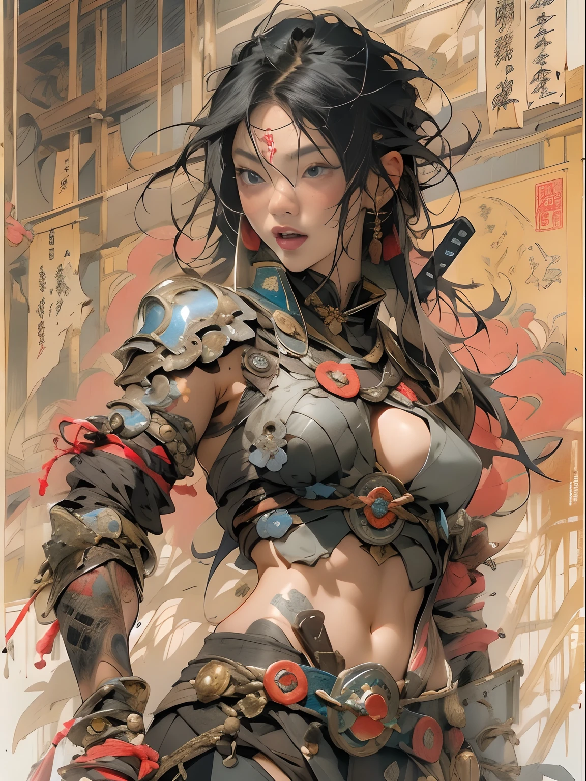 (((woman))), (((best qualityer))), (((tmasterpiece))), (((AS-Adult))), ((( Japanese ))), Look up from your knees, A beautiful asian samurai woman with perfect body, Modern samurai, ((( Asian))), Wear gloves on your hands，The left arm is made of steel and metal tips，Made of protective devices, The eyes are pulled, (( Appears below the breast )), (( Small dental floss )), Simon Bisley, Almost naked（Simon Bisley）Castle City Wilderness，For high-resolution posters, hair straight, Minimum clothing, armure (Crazy clothes ), Full of tips and rivets, tribal tattoos, (((full bodyesbian))), Straight brunette hair，Colored hair ends
