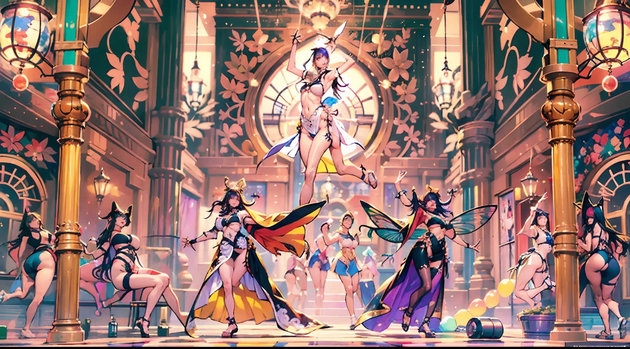 In the illustration of this super-grand scene,We enjoyed a fascinating sight,Various scenarios of the multiverse come together。In this intoxicating exterior,We see a mysterious Circe dancer,(The Circe dancer look incorporates Tiflin、the elf、fairy、Angels and many other magical fantasy races:9.99),ella(The whole body appears in the long-range shot:9.99)Half-dressed,She is graceful,Dance on the water。Her dancing magic keeps her costumes changing,Into(Brilliant fireworks in the sky:9.99)In the background,Adds an unpredictable charm to the whole scene。The dancing of the Circe dancers is intoxicating,Her rainbow cape fluttered behind her like a flying carpet。This cape consists of different styles、colours、Made from small parts of materials and styles,The trailing tail is long and beautiful。Her dancing trajectory is accompanied by the glare effects of neon lights and magical stars,Blend in with your surroundings,Creates a stimulating atmosphere for the senses。Circe dancers have an extra-tall figure and curved curves that explode,Her body features are full of seductive sexiness。Her physical appearance includes::(K-cup size with wide silhouette is oversized and teardrop-shaped chest:9.99)、(Narrowed sternum and waist and abdomen:6.66)、Charming face、(Huge Kaziran colored eyes:99.99)、Makeup、Slender neck、Beauty collarbone、Slender arms、(Graceful hands that are ergonomic and physiologically normal:9.99)、Slender waist and abdomen、Round buttocks and slender long legs,Showcases attractive curves and lines。Use Midjourney's advanced brush tools、Color palettes and texture packs,We are the faces of Circe dancers、skin、Costumes and rainbow capes give intricate textures,While increasing realism(Again add the super-large chest contour and inflate the chest:9.99)And make Jushuo teardrop chest soft elastic oil,She also made her costume and cape blend different materials,Show a variety of styles,From evening dresses to princess dresses to tulle,(Full of creativity and fashion:6.66),It also makes