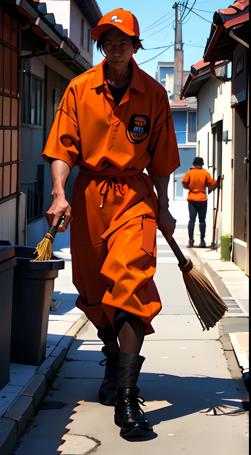 An old sweeper man in an orange suit is a very tired sweeper cleaning the street with a broom, a trash can on border school, realistic, 8k, full bod, Korean