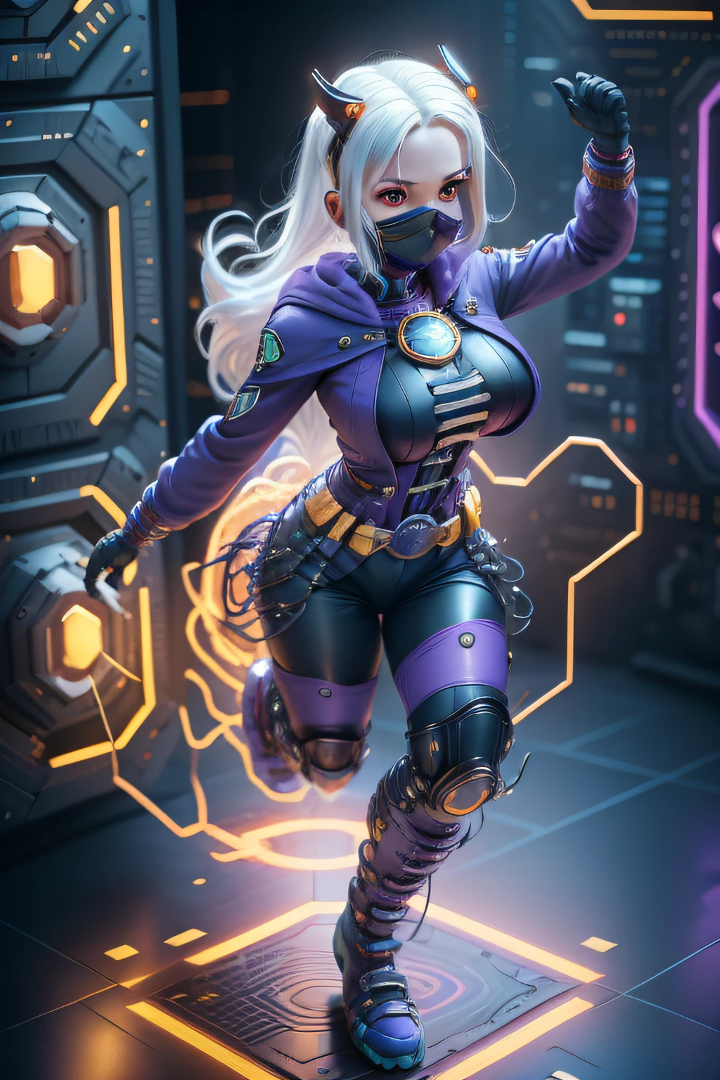 Trixie , white hair, biomechanical red eyes, blue robot girl skin, large breasts, costume consisting of purple pants and purple shirt, purple floor-length superhero cape, white gloves, a purple fedora hat, a mask purple gas covering his face, a belt with many functions and Batman-style tools, Bracelets with various functions, such as a holographic illusion generator, a teleportation device, His special golden boots have the ability to nullify inertia, Centrifugal force and friction.