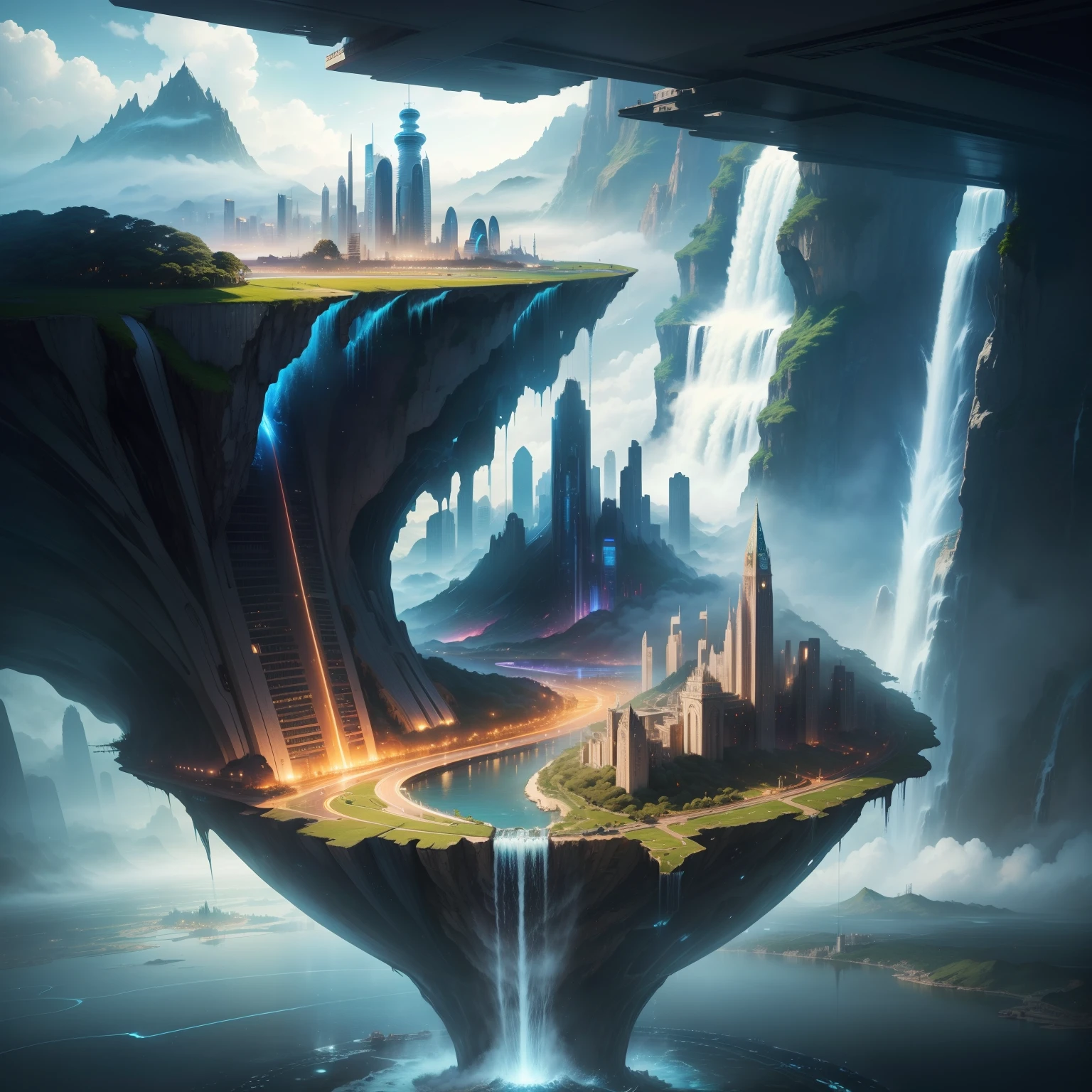 City of Water、water world、SFart by、Fantasia、futuristic cities、great outdoors、Super huge waterfall、dream、Huge construction、top-quality、masterpiece、planet earth、HD Images、Beautiful future city、Height through the clouds、