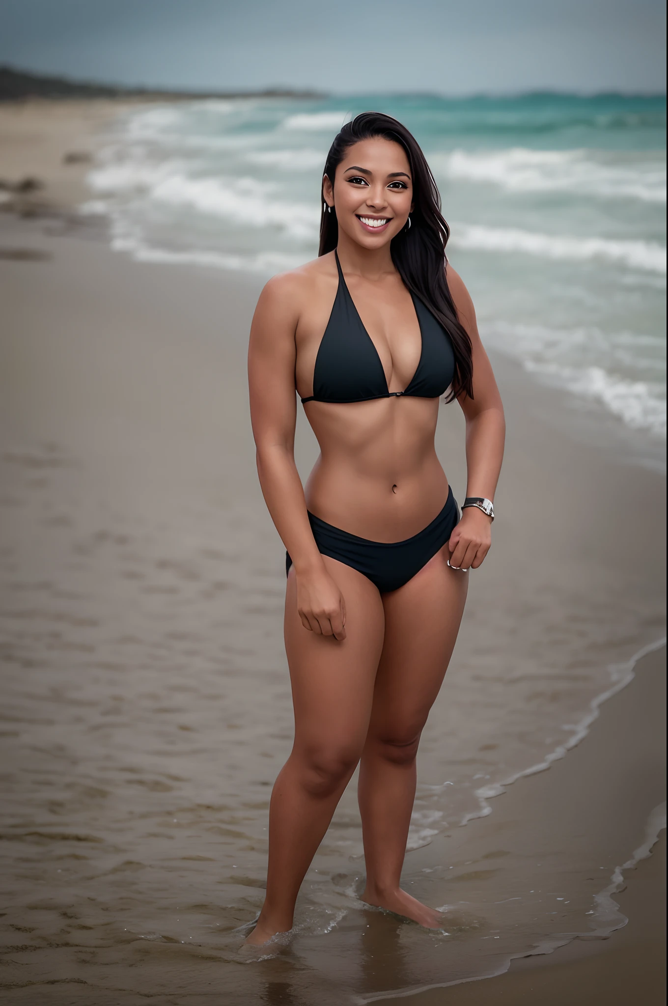 There is a Brazilian woman in a bikini standing on the beach, Full body photo of black bikini, posando na praia, Standing on a beach in Brazil, posando em uma praia com o oceano, wearing spandex bikini, two-piece swimsuit, standing at the beach, in a bikini, fit curvy physique, middlebreasts, rosto bonito, sorriso encantador, dentes perfeitos, cabelos compridos e lisos