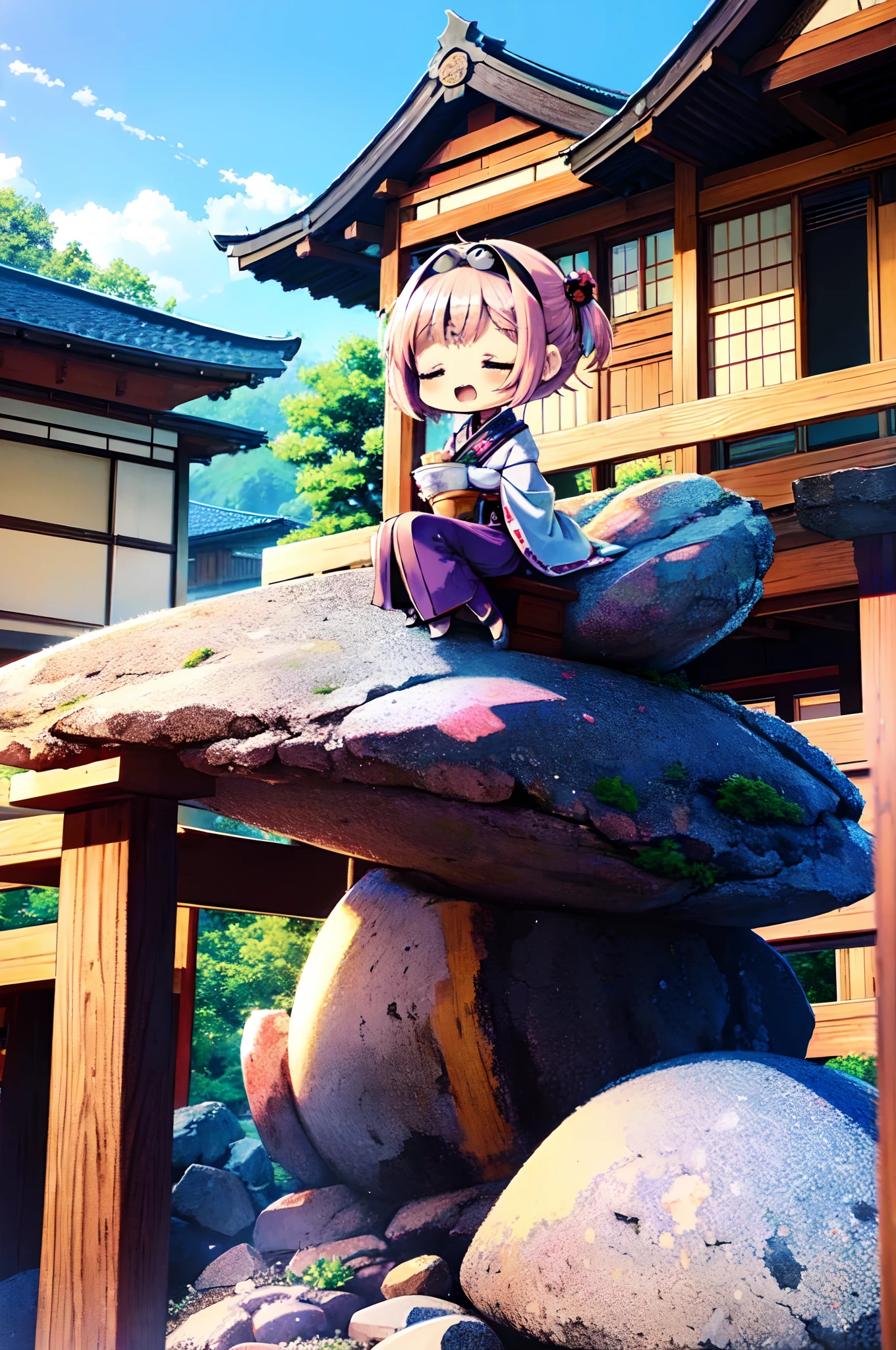 (chibi:1.3), deformed character, (sitting, seiza:1.3), drinking Japanese tea, Japanese style building, closed eyes, open mouth,