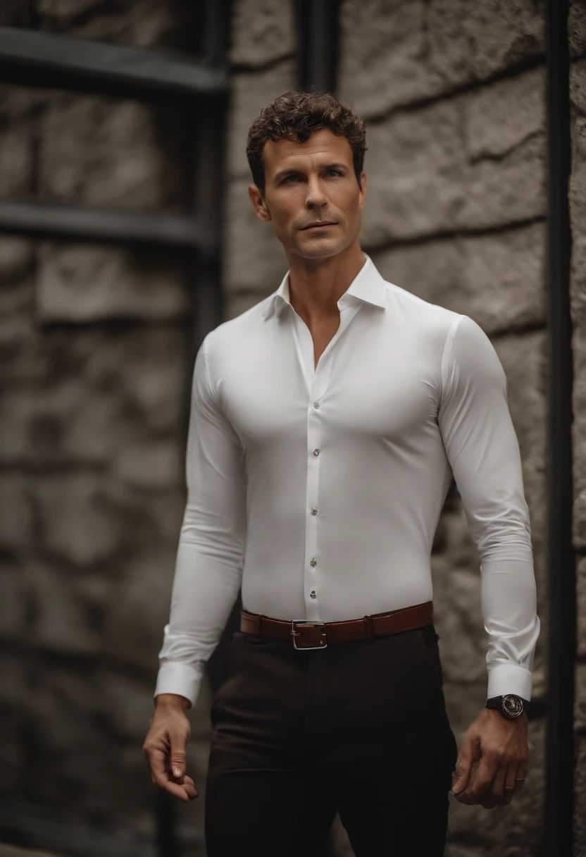 Cinematic, a handsom man, Tall and fit, (40 years old:1.1), (shaven:1.2), (short brown hair and a little curly:1.5),(very short hair:1.6).  black tight suit, white fit shirt . Minimalistic background, clean composition, strong details, Muted Colours, Hasselblad --style raw corps entier, wide-angle photo close-up portrait of the body of a handsome man,